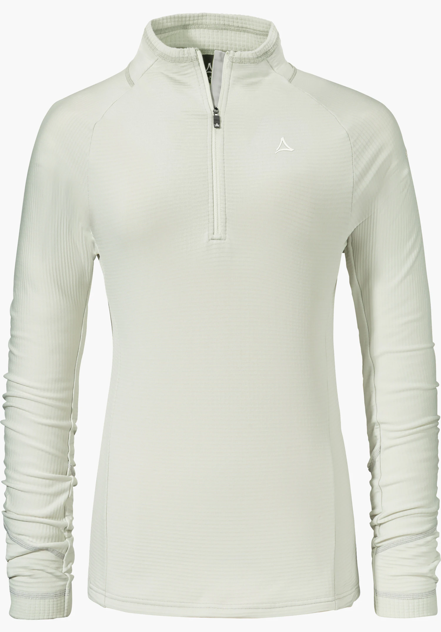 Longsleeve Style Cascata WMS Lichtgroene langarm half-zip functionele trui, frontaal gepresenteerd; rits half gesloten, Schöffel-logo op de borst, gladde, geribde structuur, tegen witte achtergrond.