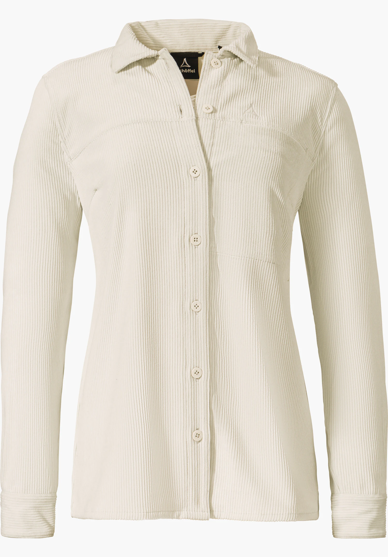 Blouse Style Lodos WMS Lichtbeige corduroy hemd met doorlopende knoopsluiting, langarm, recht gesneden, tegen witte achtergrond. Schöffel-logo zichtbaar; opschrift: “Schöffel”.