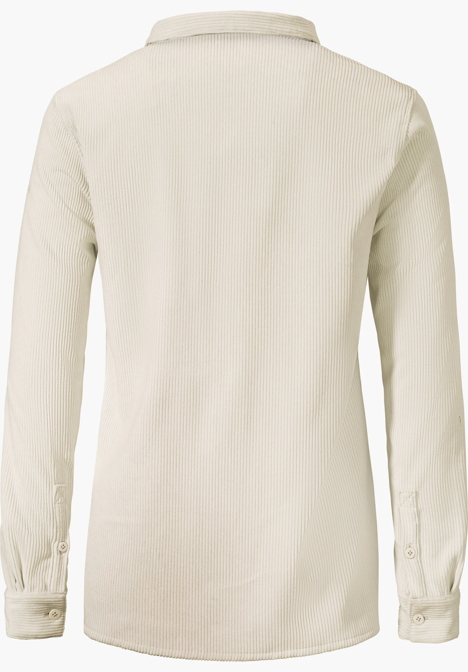 Blouse Style Lodos WMS wit geribd overhemd met lange mouwen, achteraanzicht; mouwen ontspannen omlaag; plat gepresenteerd op witte achtergrond.