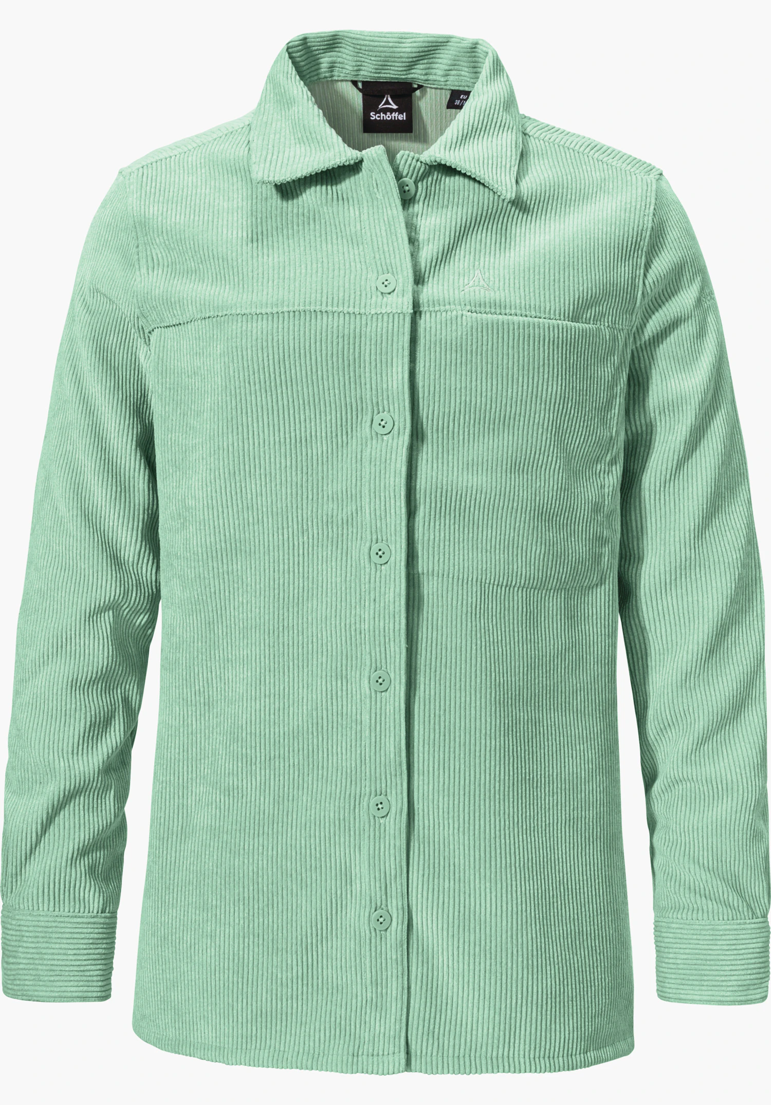 Blouse Style Lodos WMS Lichtgroen corduroy hemd, knoopbaar, ligt plat en toont de voorkant; kraag, lange mouwen en klein Schöffel-logo op de borst. Opschrift: “Schöffel”.