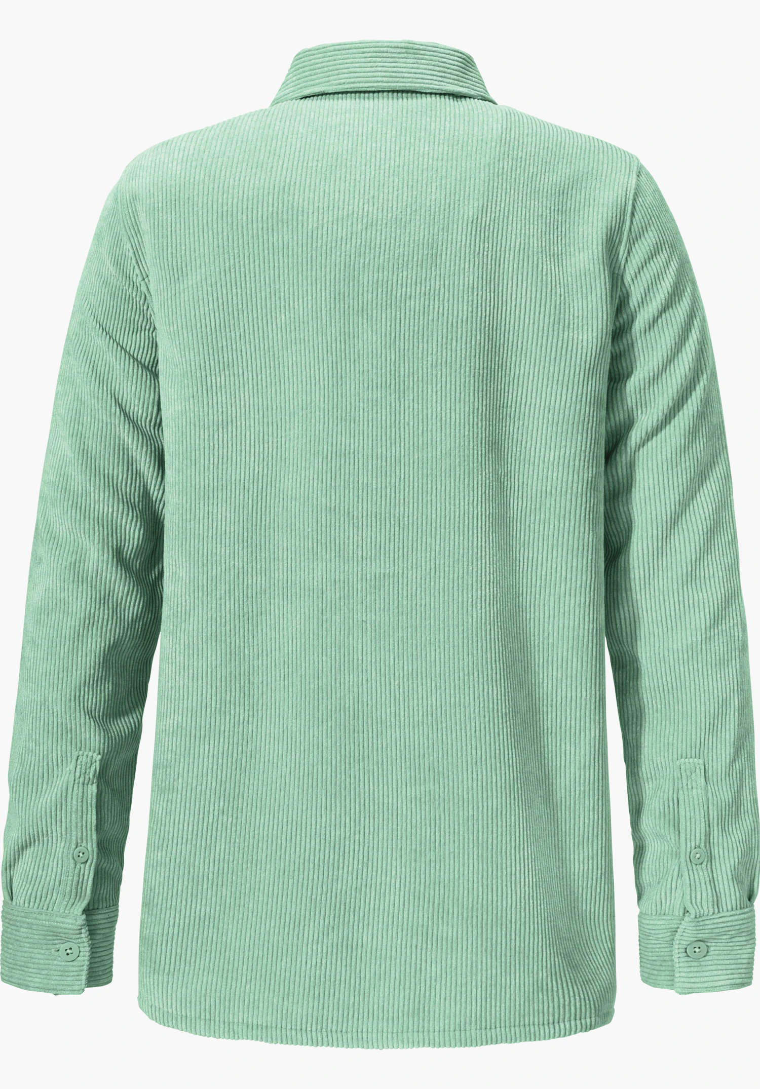 Blouse Style Lodos WMS Lichtgroene corduroy blouse, langarm; achteraanzicht; manchetten, fijne lengteribstructuur; hangt glad voor witte achtergrond.