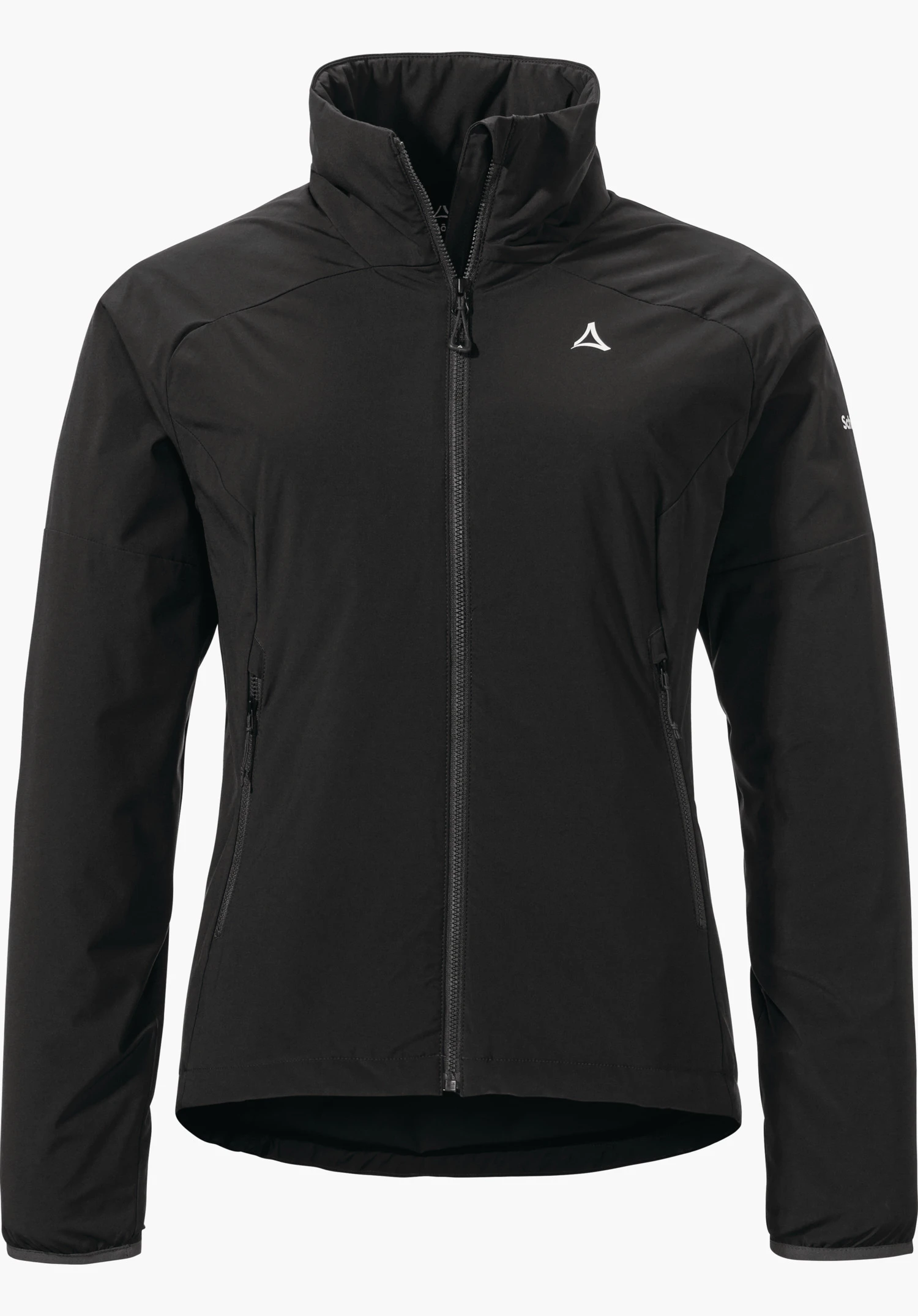 Ins Jacket Style Salza WMS Zwarte outdoorjas, centraal dichtgeritst, opstaande kraag; Schöffel-logo op de borst, twee ritszakken en lange mouwen — tegen eenvoudige witte achtergrond.