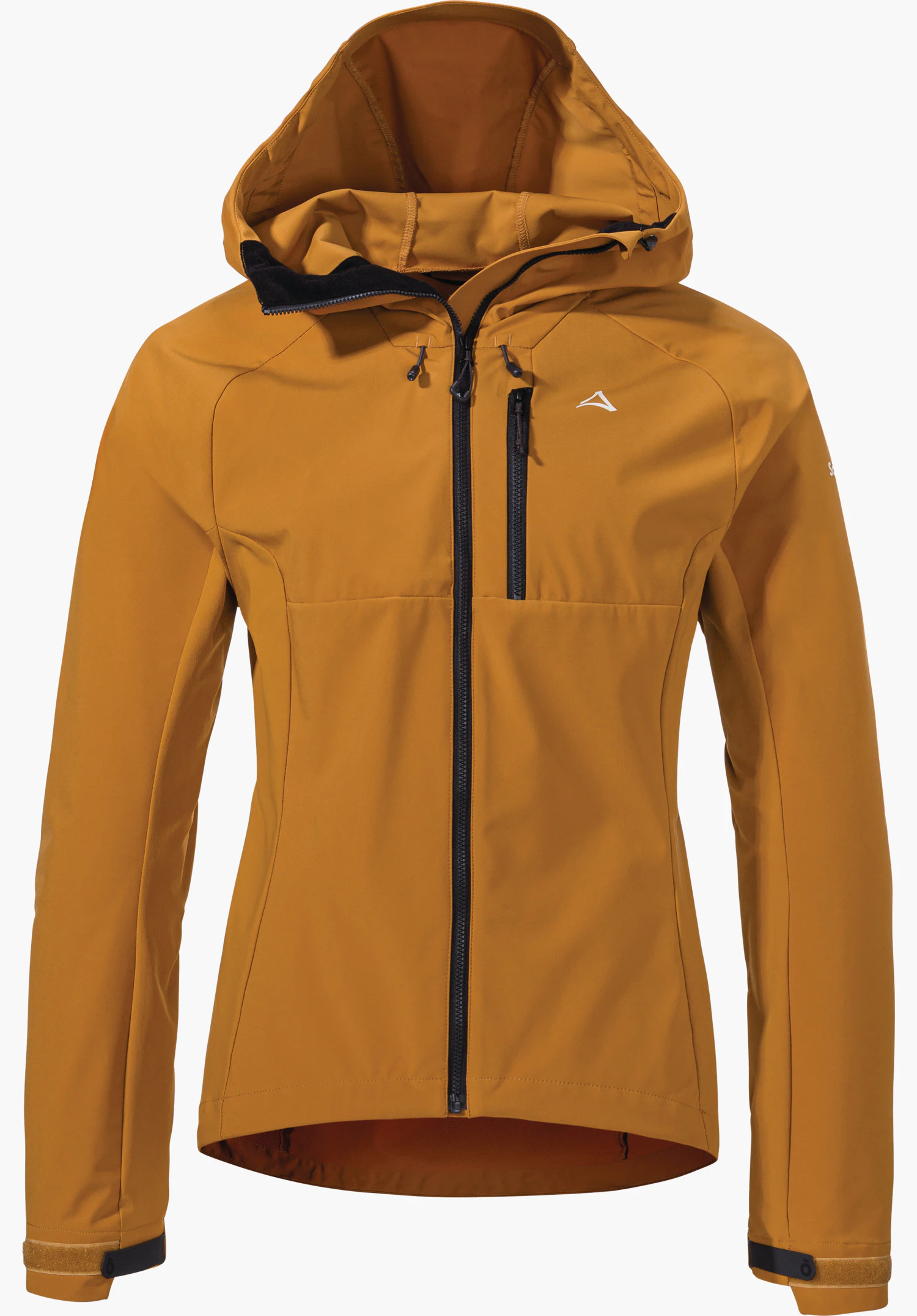 Hybrid Jk Style Salza WMS veste outdoor jaune, présentée de face avec fermeture éclair centrale fermée, capuche relevée et zip poitrine vertical; logo Schöffel sur la poitrine; sur fond blanc.