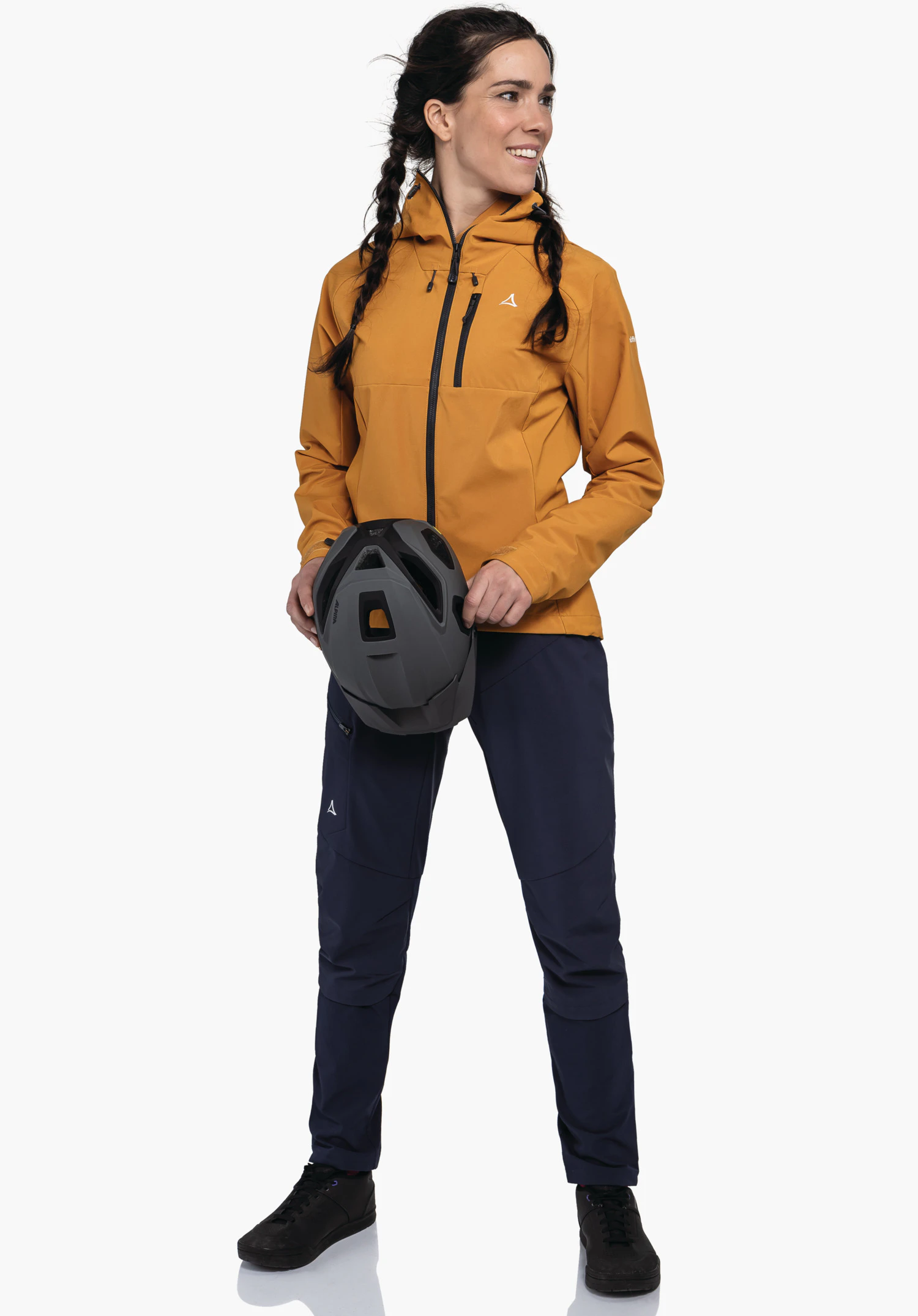 Hybrid Jk Style Salza WMS montre le logo Schöffel blanc sur la poitrine gauche ainsi que les fermetures éclair noires sur le tissu technique jaune, gros plan sur fond blanc/neutre.