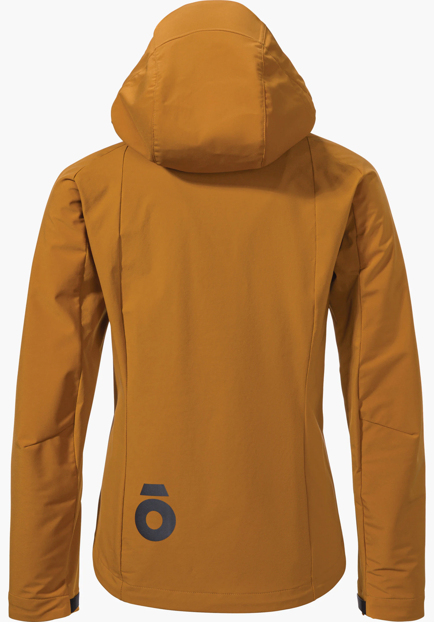 Hybrid Jk Style Salza WMS Veste marron clair, vue de dos; capuche relevée, manches détendues, logo rond bleu foncé en bas du dos; fond blanc neutre.