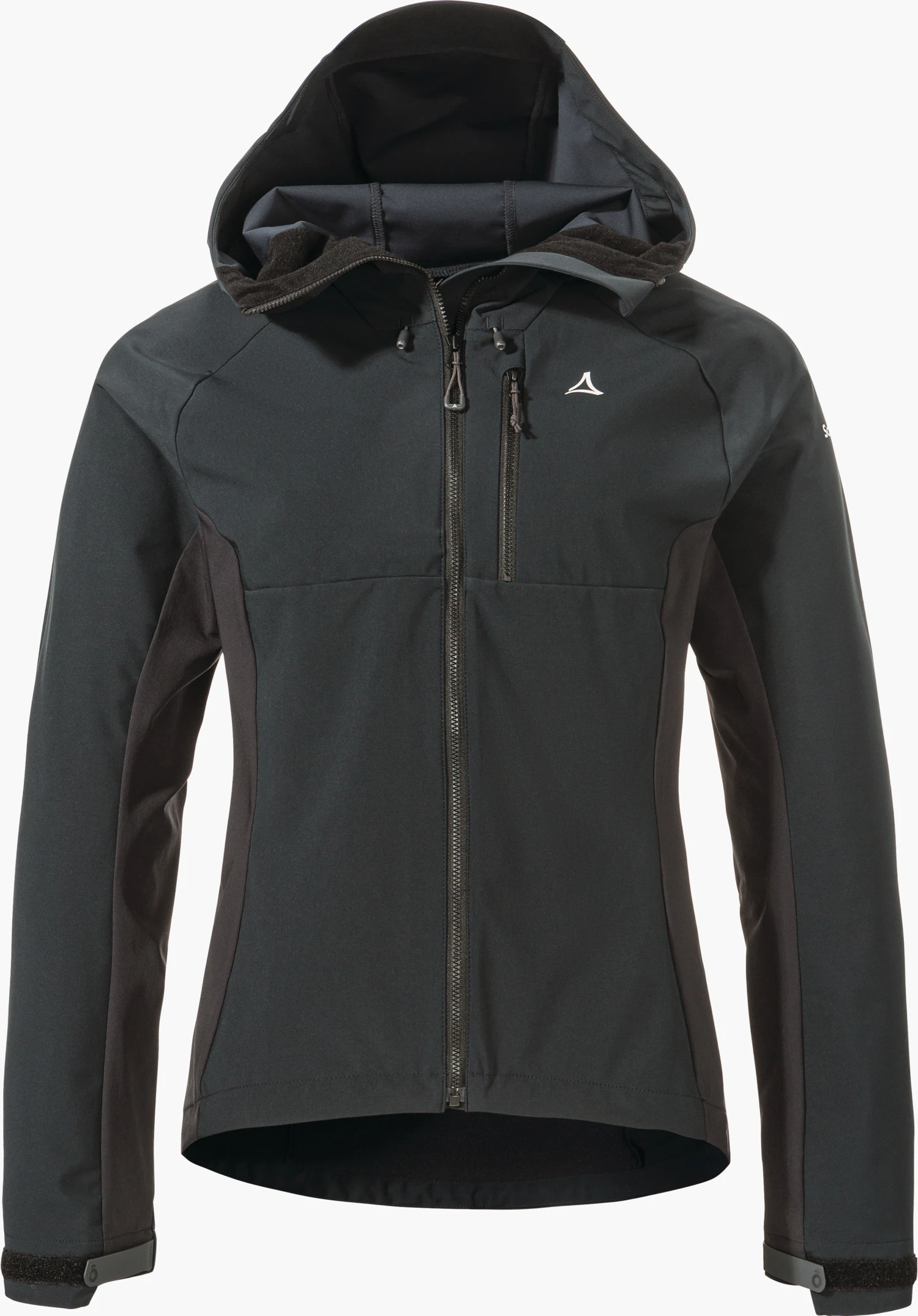 Hybrid Jk Style Salza WMS Dunkelgraue Outdoorjacke mit Kapuze, frontalem Reißverschluss und senkrechter Brusttasche, Reißverschluss geschlossen; seitliche dunkle Einsätze; Schöffel-Logo auf der Brust; freigestellt vor weißem Hintergrund.