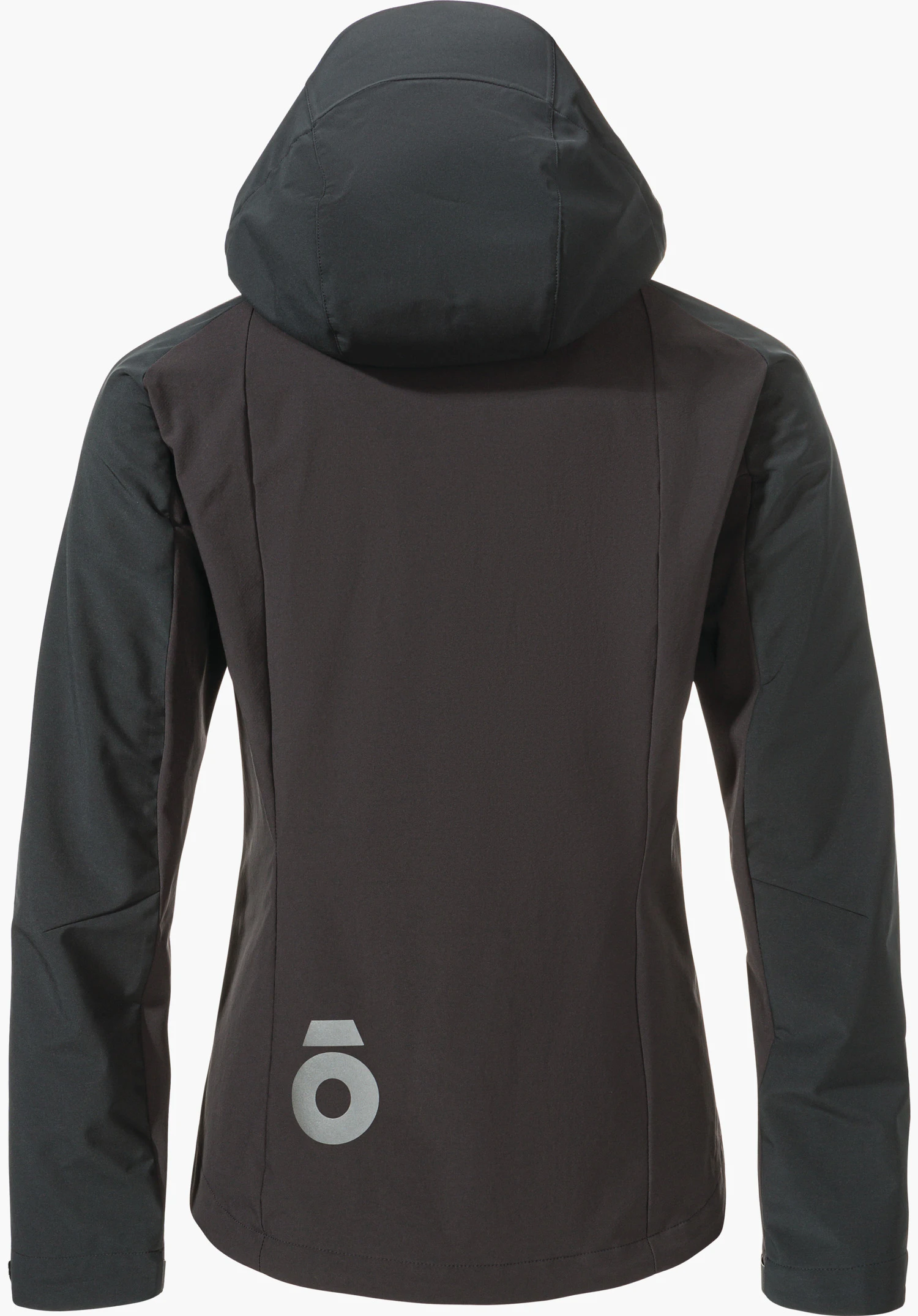 Hybrid Jk Style Salza WMS schwarze Jacke, Rückansicht; Kapuze aufgesetzt, Ärmel entspannt seitlich; vor weißem Hintergrund; helles rundes reflektierendes Logo unten links.