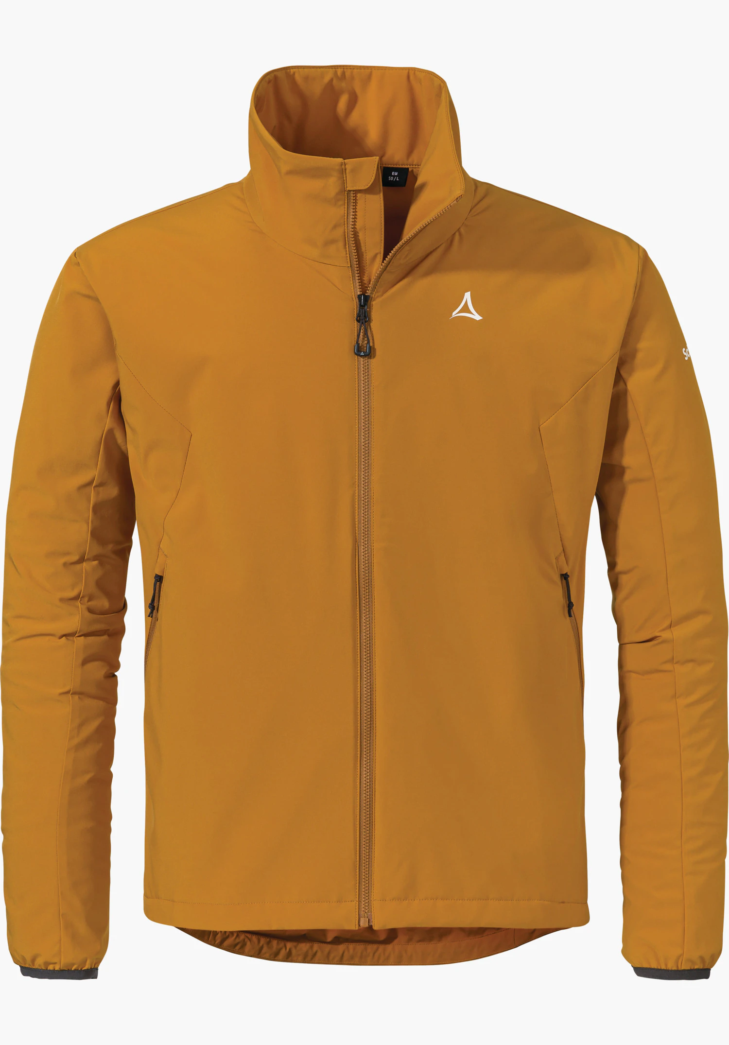 Ins Jacket Style Salza MNS Jacke, orange, frontal präsentiert, Reißverschluss geschlossen, Stehkragen, Schöffel-Logo weiß auf linker Brust, seitliche Reißverschlusstaschen, weißer Hintergrund. Schriftzug: "EU 50/L".