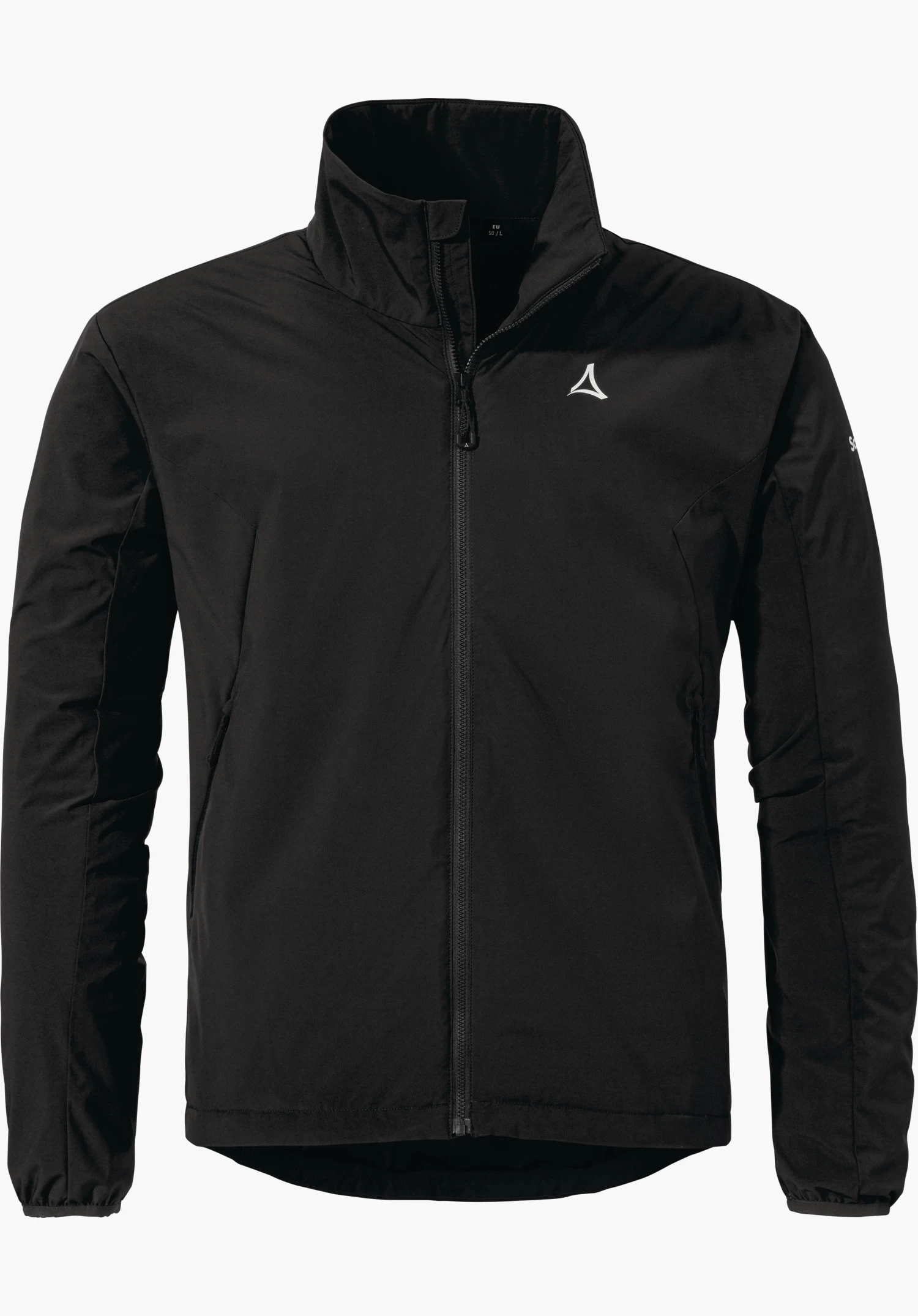 Ins Jacket Style Salza MNS black jacket, front view with zip closed; white Schöffel logo on chest; text: “EU 50/L” in collar, “Schöffel” on right sleeve; white background.