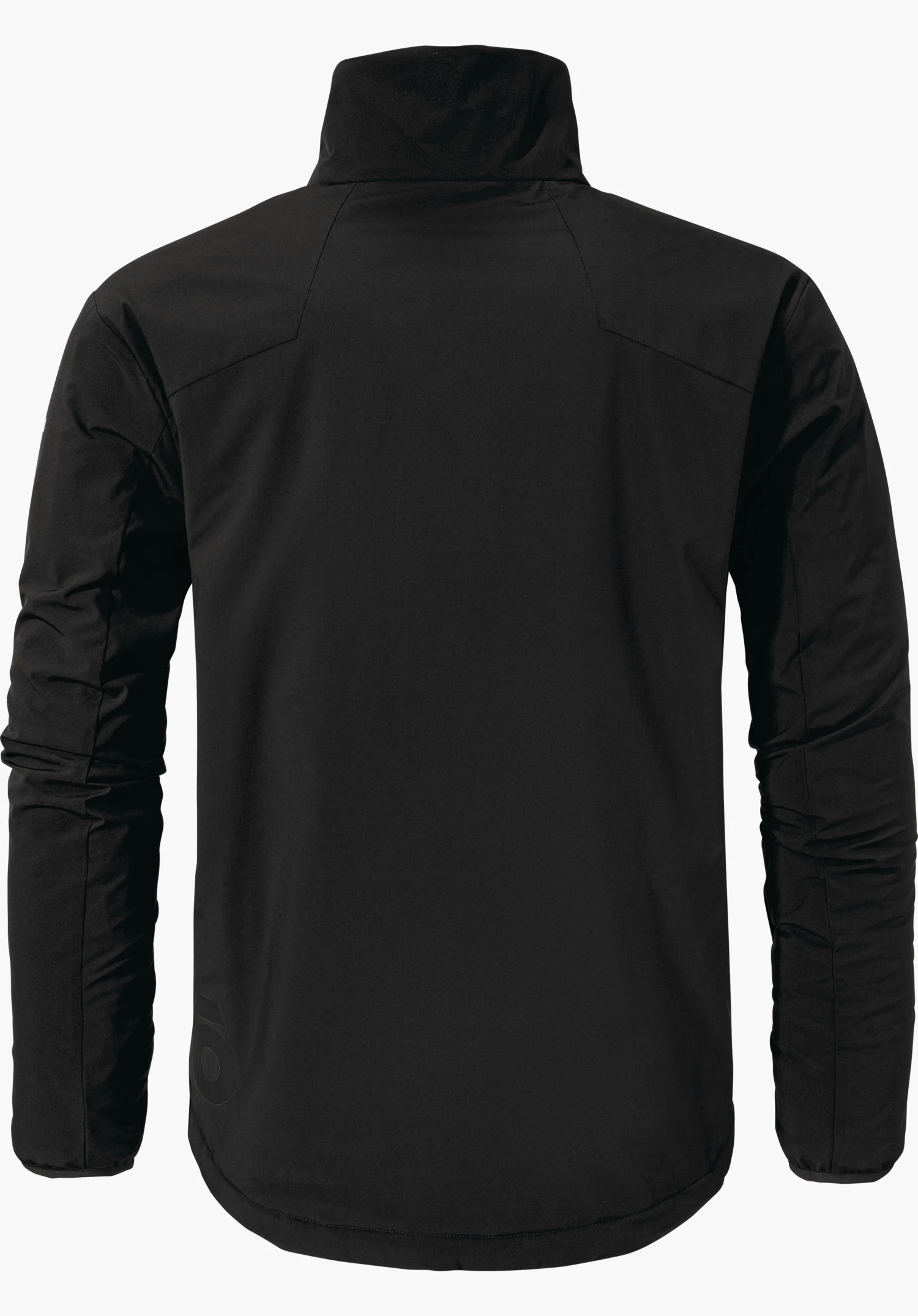 Ins Jacket Style Salza MNS Veste noire, vue de dos; tombe droit, manches légèrement froncées, col montant haut, surface lisse; fond blanc clair neutre.