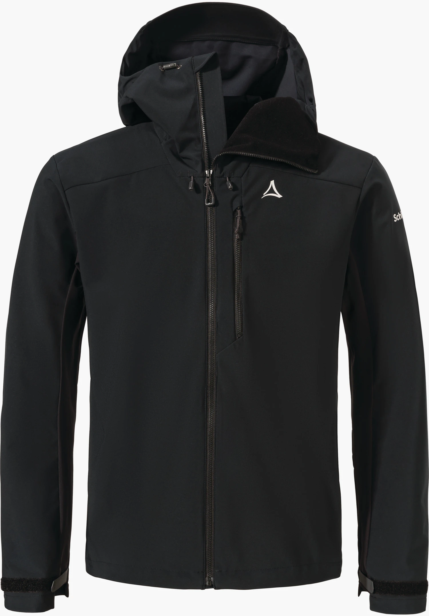 Hybrid Jk Style Salza MNS black hooded jacket with full-length zip, chest pocket and adjustable cuffs; Schöffel logo on left chest, “Schöffel” text on right sleeve; front view on a white background.