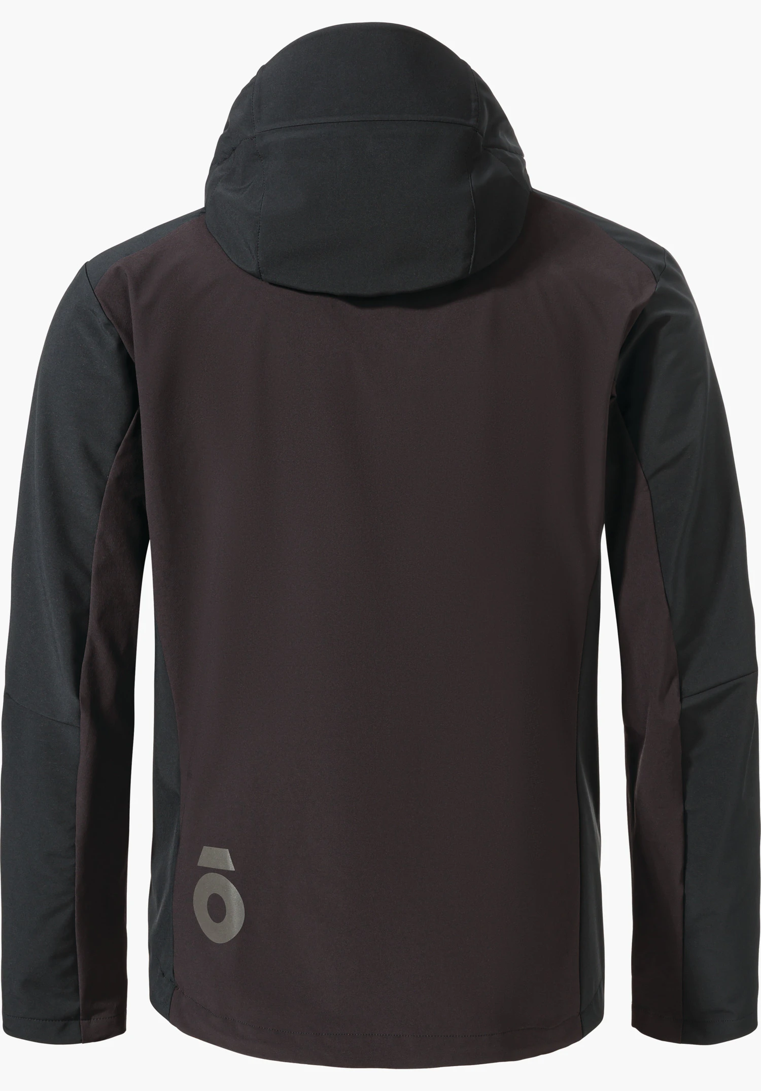 Hybrid Jk Style Salza MNS black jacket, rear view; laid flat with hood folded back and arms extended, smooth surface; cut out on a white background.