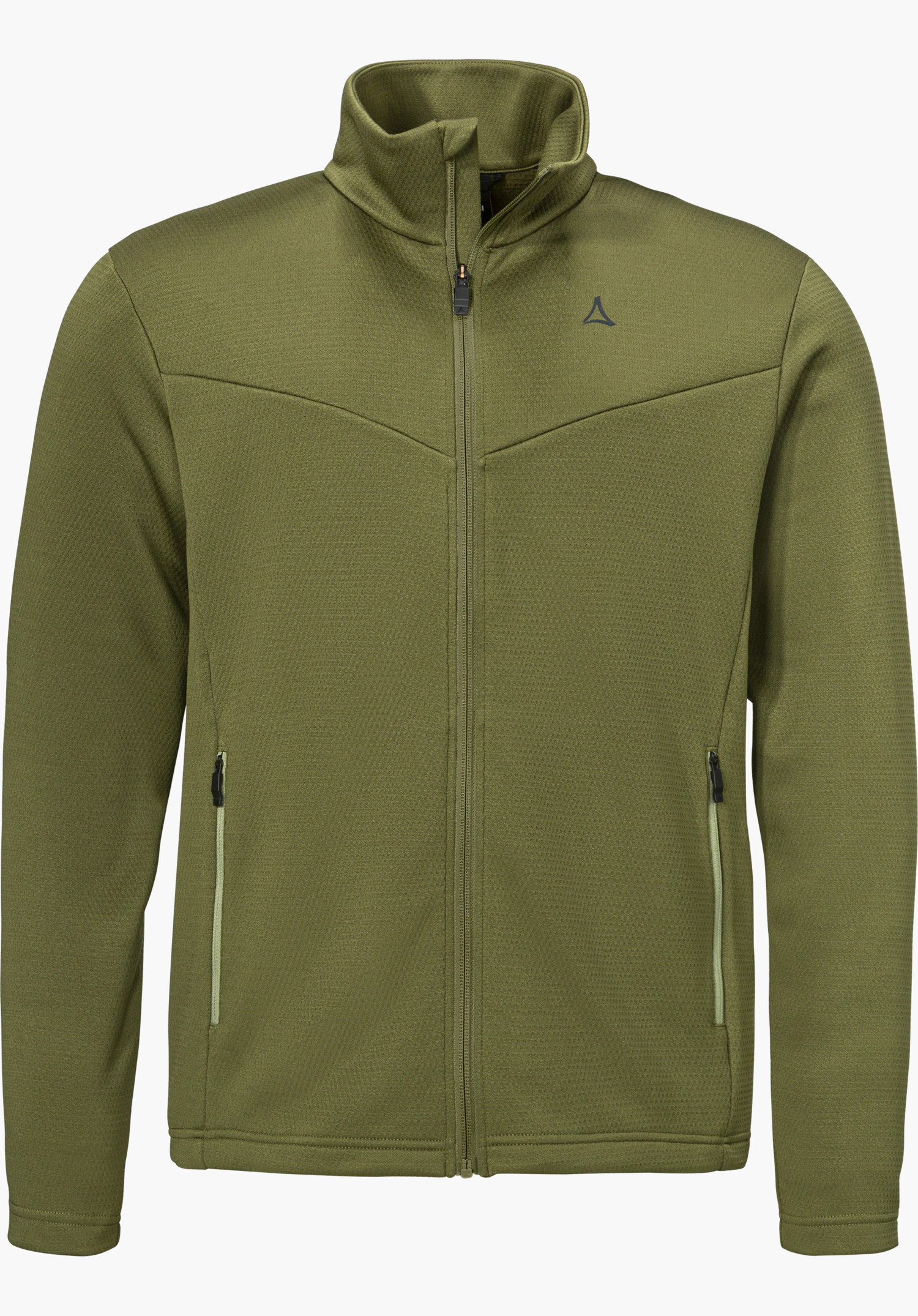 Fleece Jk Style Pine MNS Fleecejacke in grün mit Stehkragen, durchgehendem Reißverschluss, zwei Reißverschlusstaschen und dezentem Schöffel-Logo auf der Brust freigestellt vor weißem Hintergrund.
