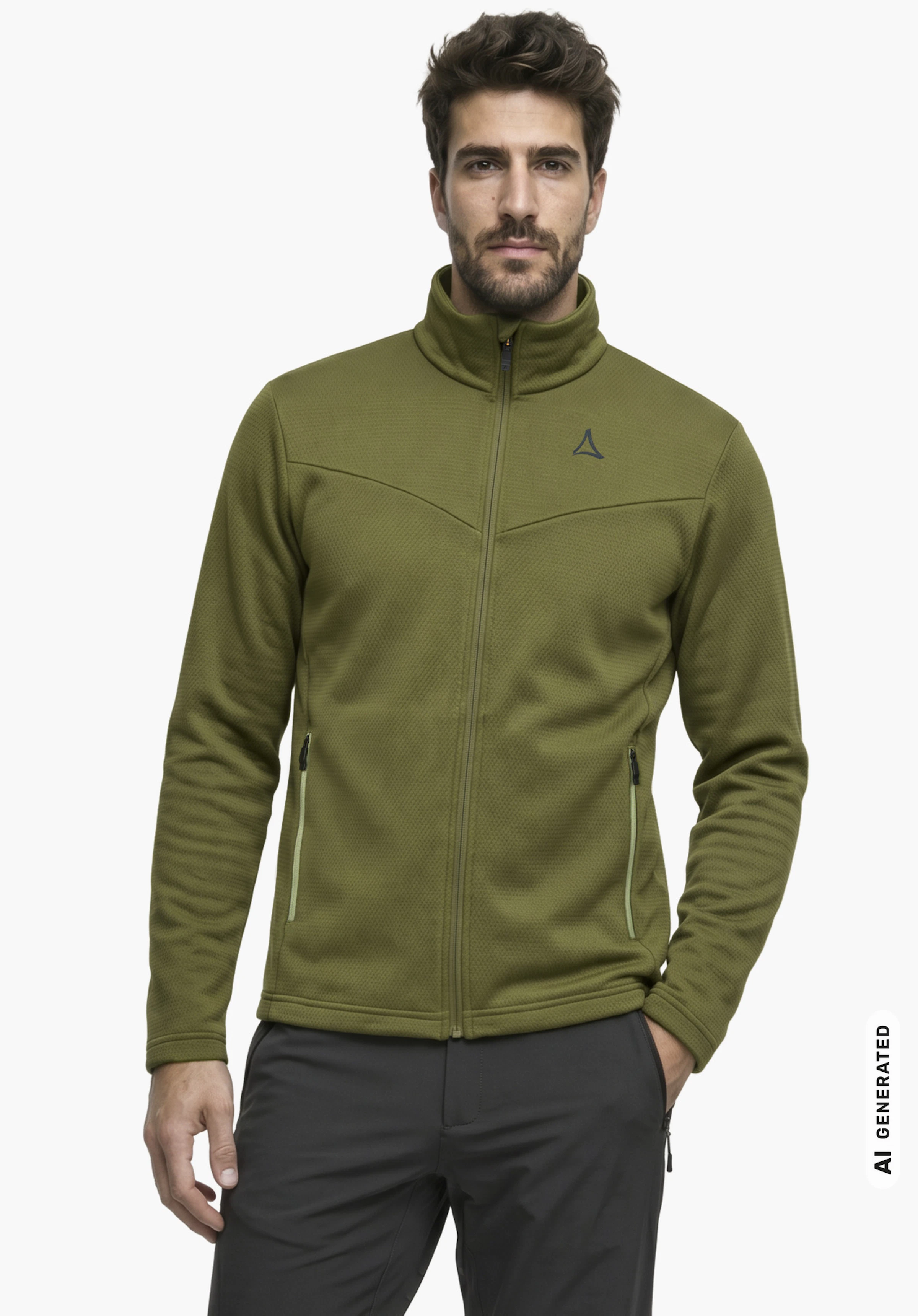 Fleece Jk Style Pine MNS in green with Schöffel logo, worn by a male model standing upright with one hand in a pocket and shown from the front against a white background. (AI-generated)