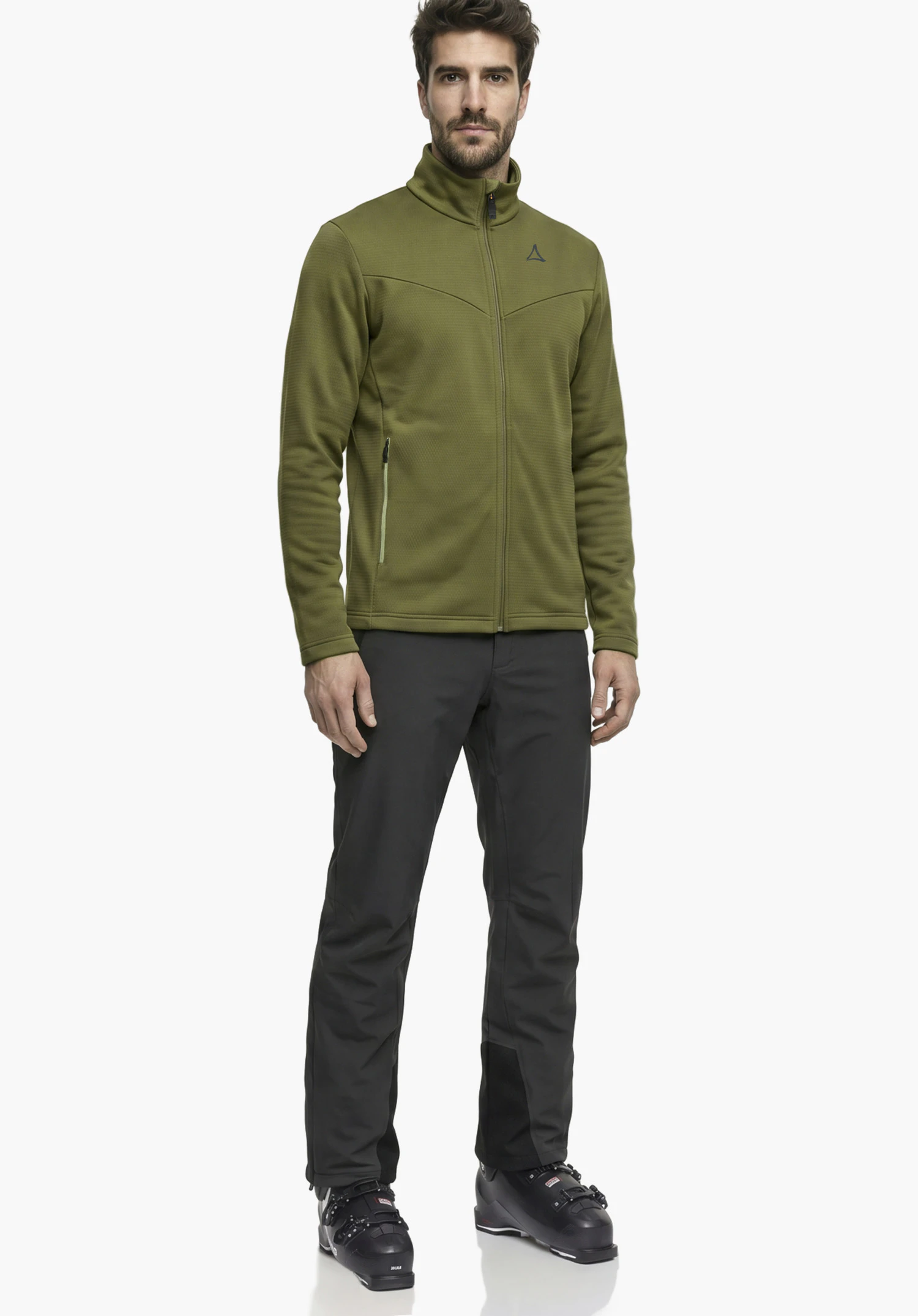 Fleece Jk Style Pine MNS in green showing the chest area with a vertical zippered pocket and the fine waffle structure of the material, close-up against a white background.