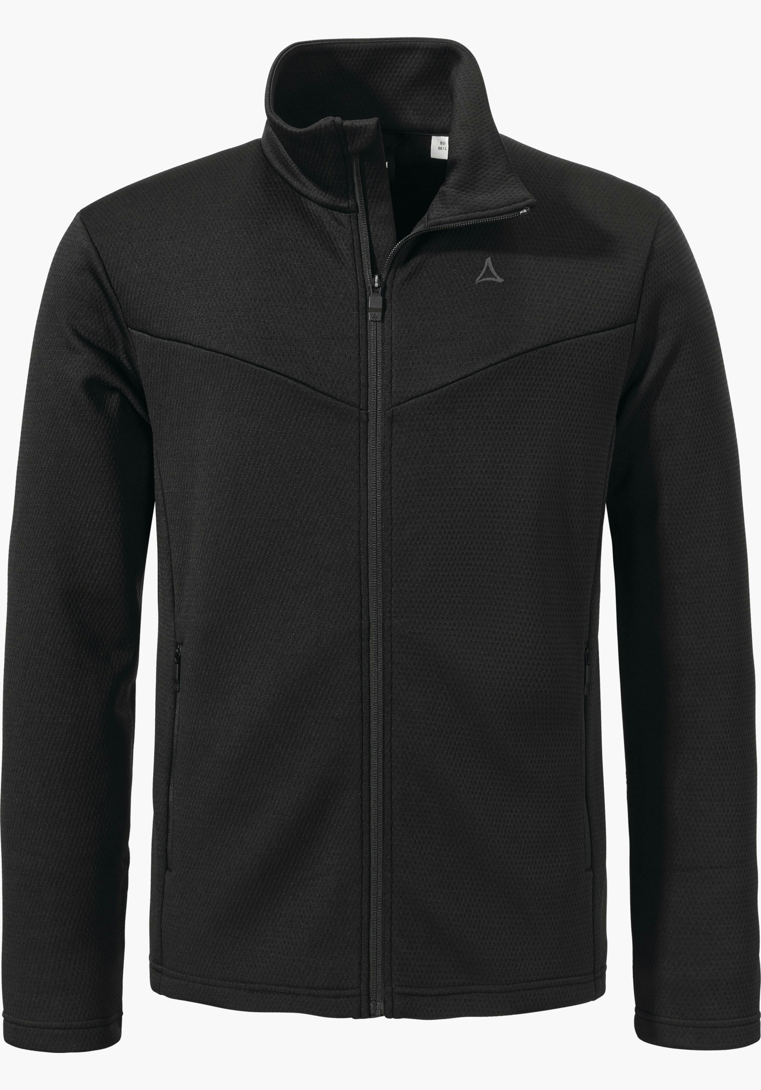 Fleece Jk Style Pine MNS Schwarze Fleecejacke, frontal mit geschlossenem Reißverschluss präsentiert; Stehkragen und seitliche Reißverschlusstaschen; Schöffel-Logo auf der linken Brust; neutraler weißer Hintergrund.