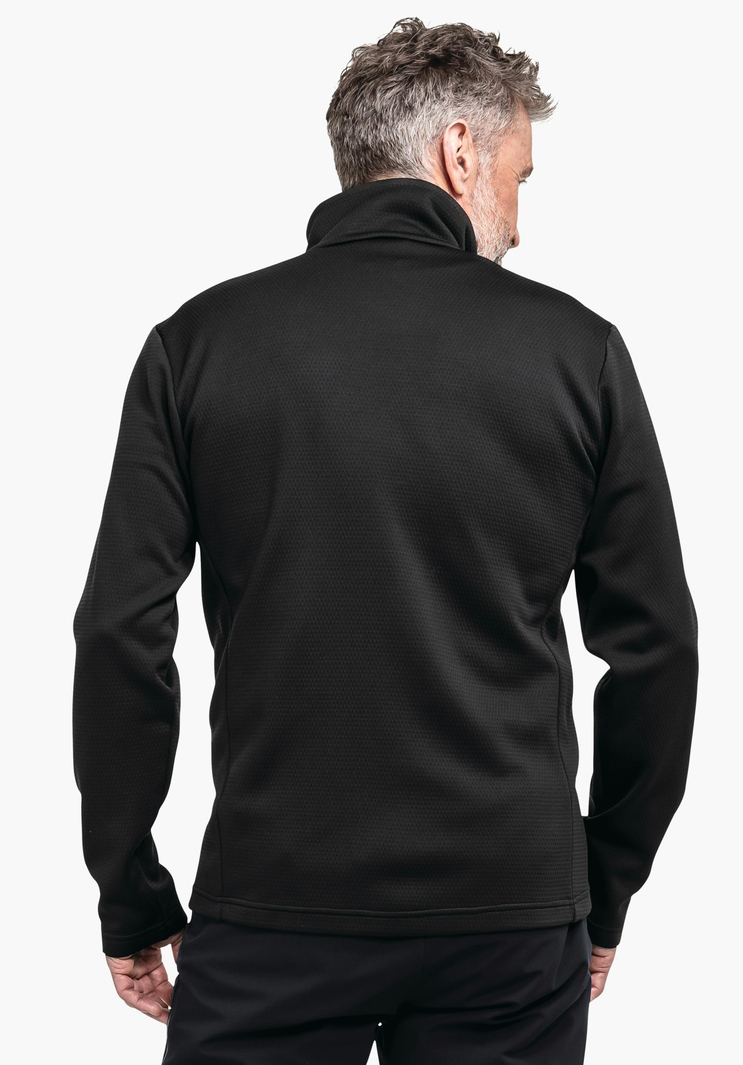 Fleece Jk Style Pine MNS Schwarze Jacke, Rückenansicht; ein Mann trägt sie und steht leicht nach rechts gewandt, Hände entspannt an den Seiten, vor neutralem hellweißem Hintergrund.