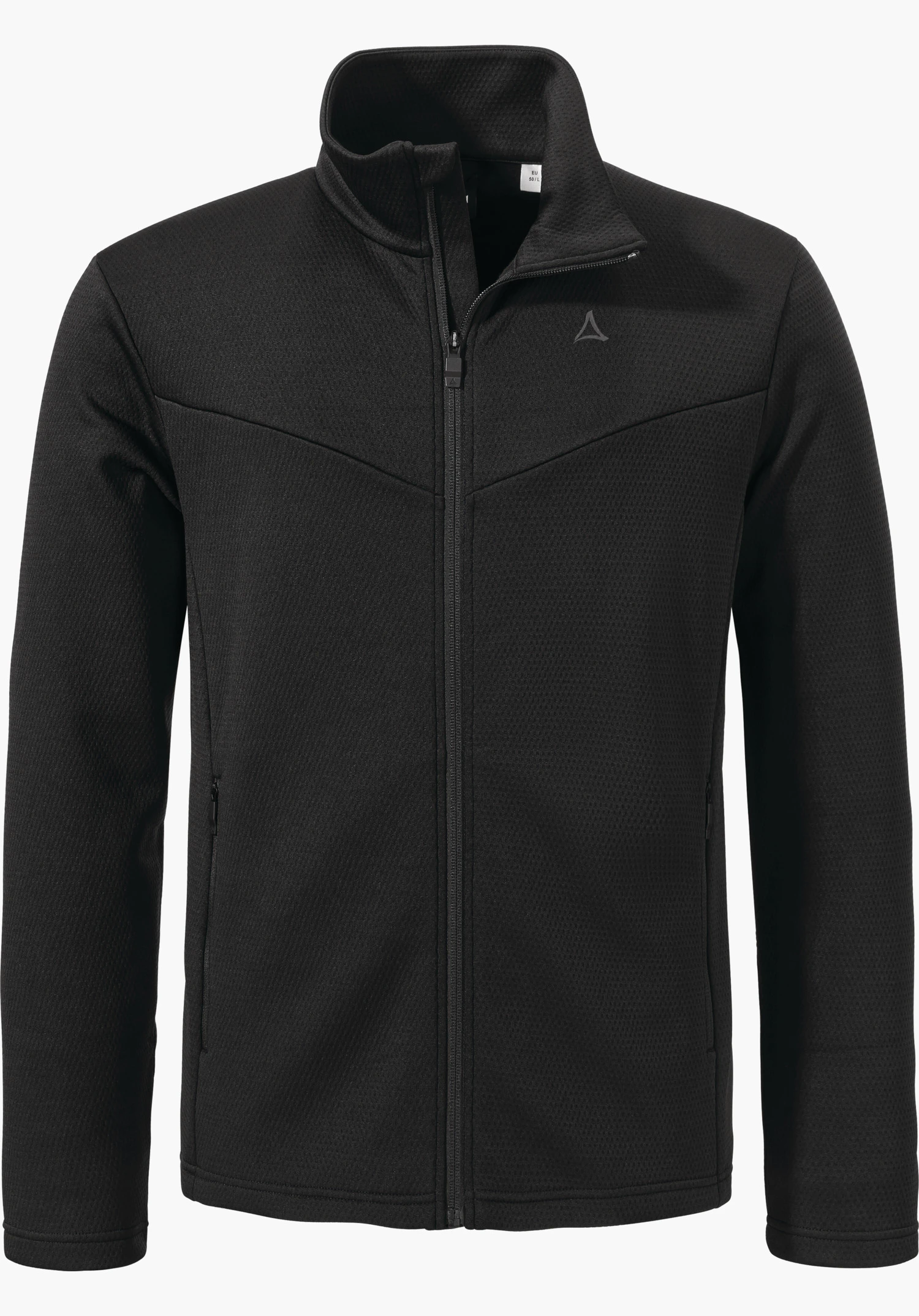 Fleece Jk Style Pine MNS black fleece jacket, front view with zip closed; stand-up collar and side zip pockets; Schöffel logo on left chest; neutral white background.