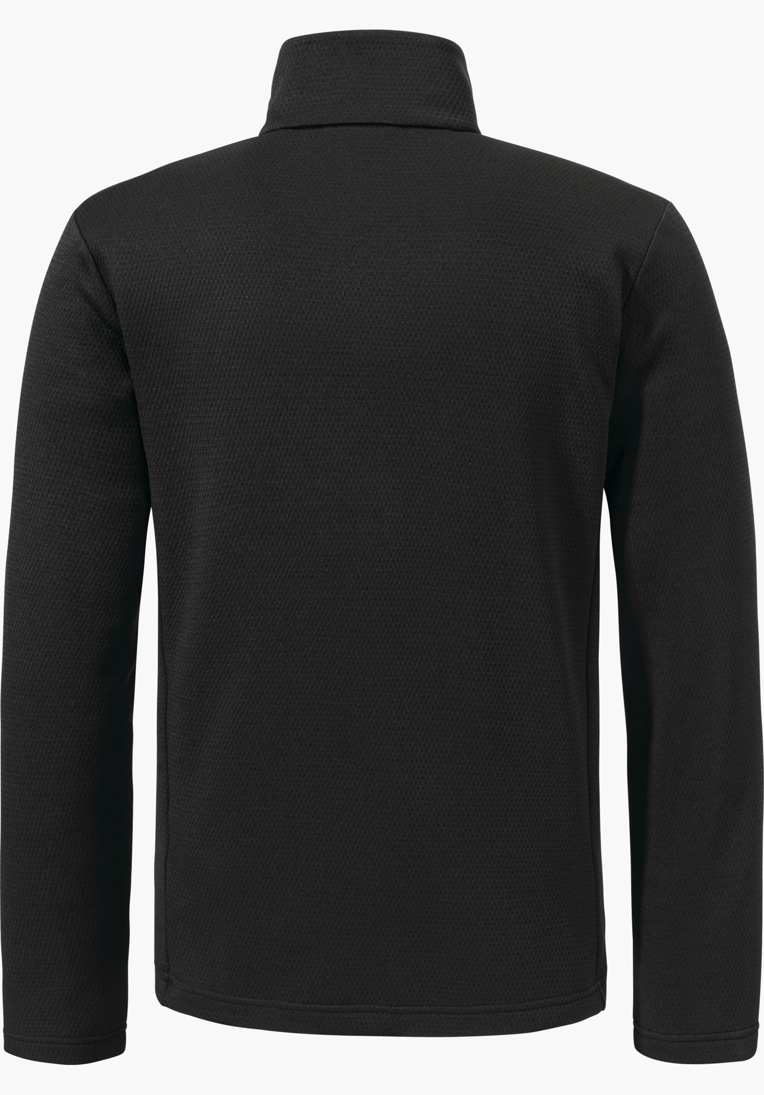Fleece Jk Style Pine MNS schwarze Jacke, präsentiert Rückansicht mit geschlossenem Stehkragen; Ärmel hängen seitlich, aus leicht texturiertem Stoff, auf neutralem hellweißen Hintergrund.