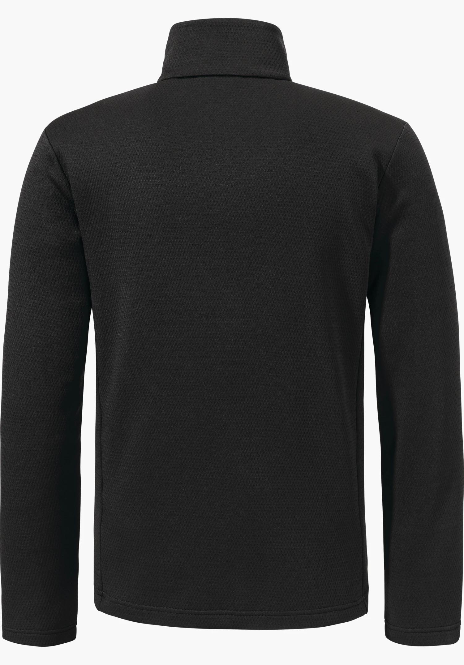 Fleece Jk Style Pine MNS black jacket, presented from the back with closed stand-up collar; sleeves hanging to the sides, made from lightly textured fabric, against a neutral off-white background.