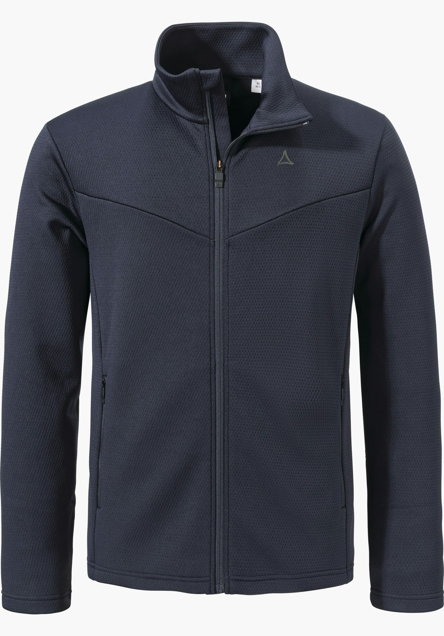 Fleece Jk Style Pine MNS dunkelblaue Fleecejacke, vorne komplett zugezippt, mit Stehkragen und zwei Reißverschlusstaschen; Schöffel-Logo auf der linken Brust; freigestellt vor weißem Hintergrund.
