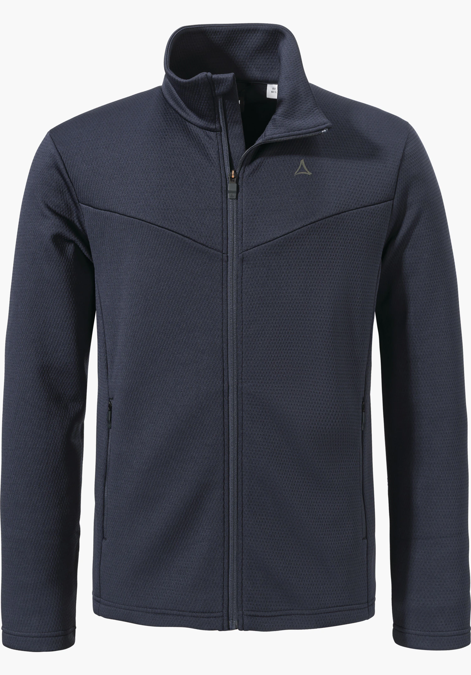 Fleece Jk Style Pine MNS dunkelblaue Fleecejacke, vorne komplett zugezippt, mit Stehkragen und zwei Reißverschlusstaschen; Schöffel-Logo auf der linken Brust; freigestellt vor weißem Hintergrund.