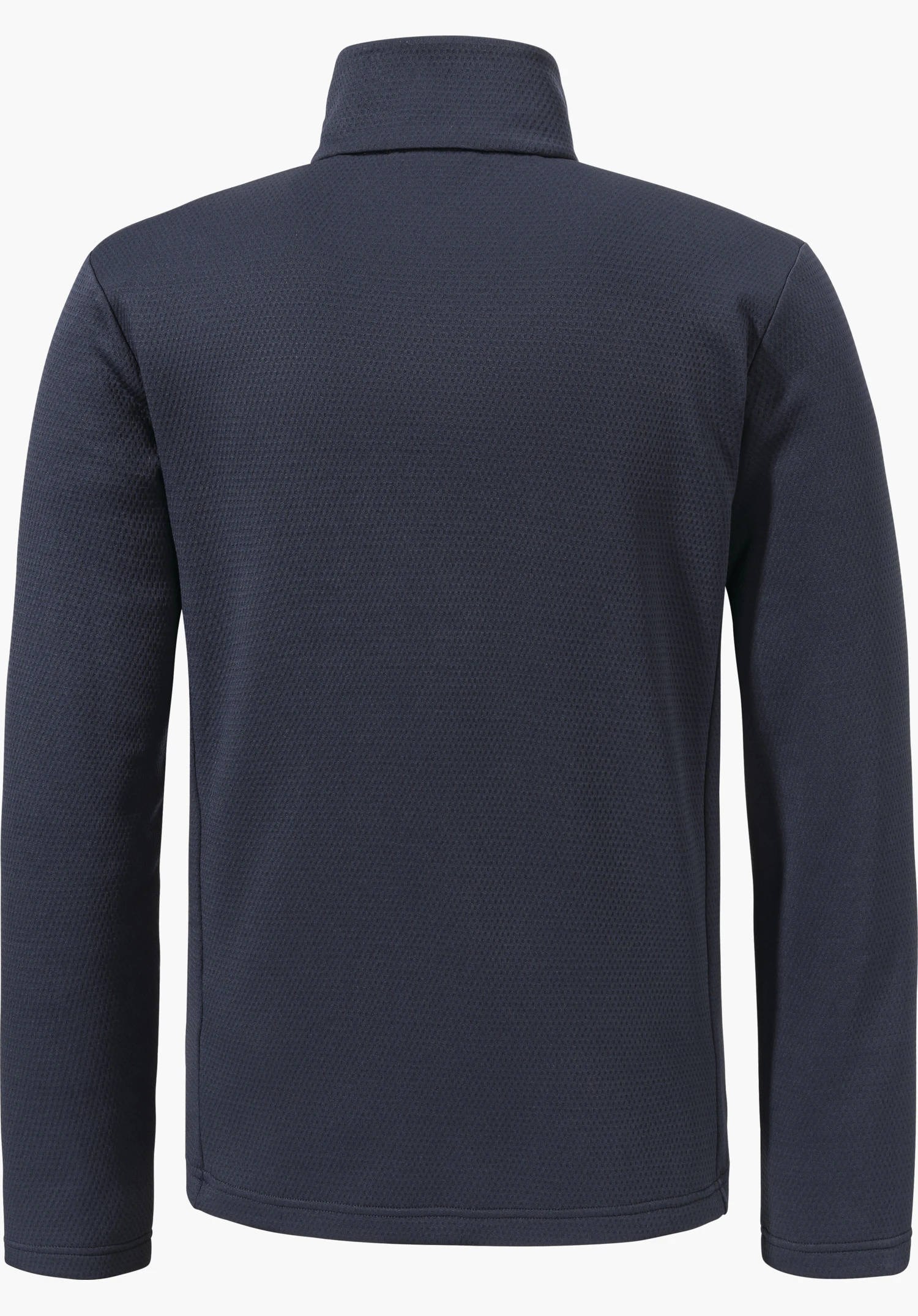 Fleece Jk Style Pine MNS dark blue jacket, rear view, laid flat with stand-up collar and long sleeves, finely textured fabric surface; neutral light background.