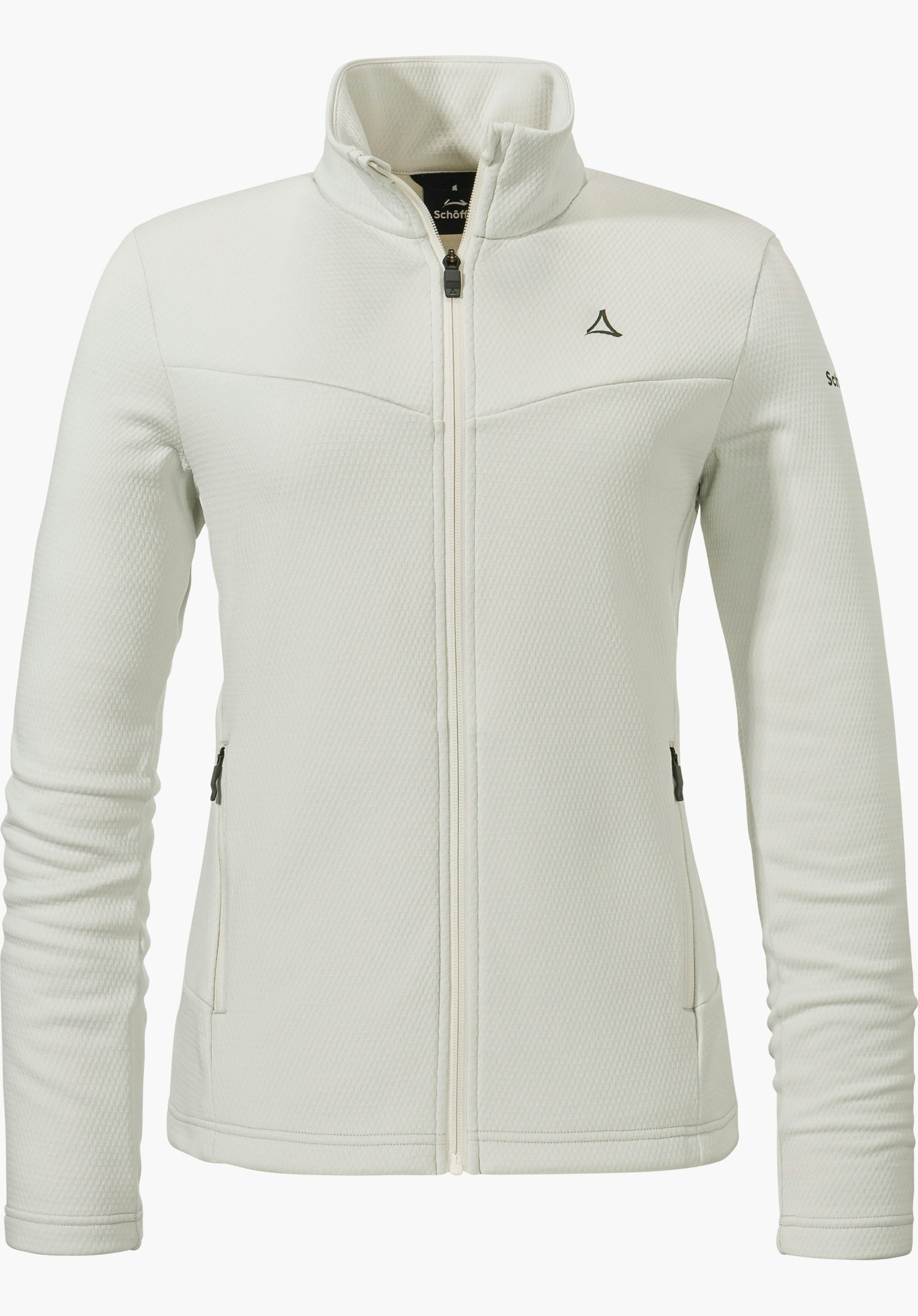 Fleece Jk Style Pine WMS veste polaire blanche à manches longues avec fermeture éclair fermée et col montant; logo Schöffel sur la poitrine, deux poches latérales, sur fond blanc. Inscription: « Schöffel ».