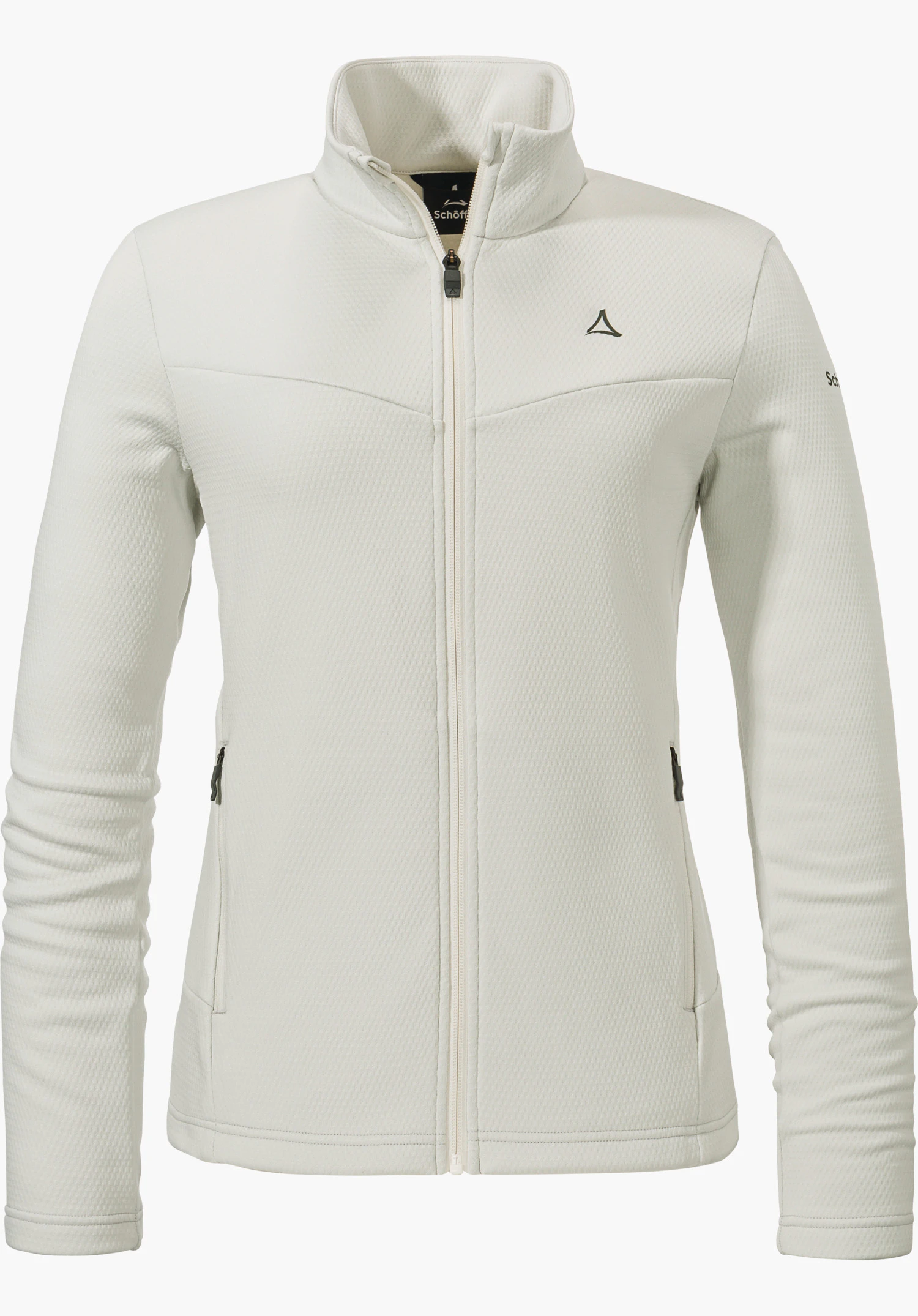 Fleece Jk Style Pine WMS white long-sleeve fleece jacket with zip closed and stand-up collar; Schöffel logo on chest, two side pockets; white background. Text: “Schöffel”.