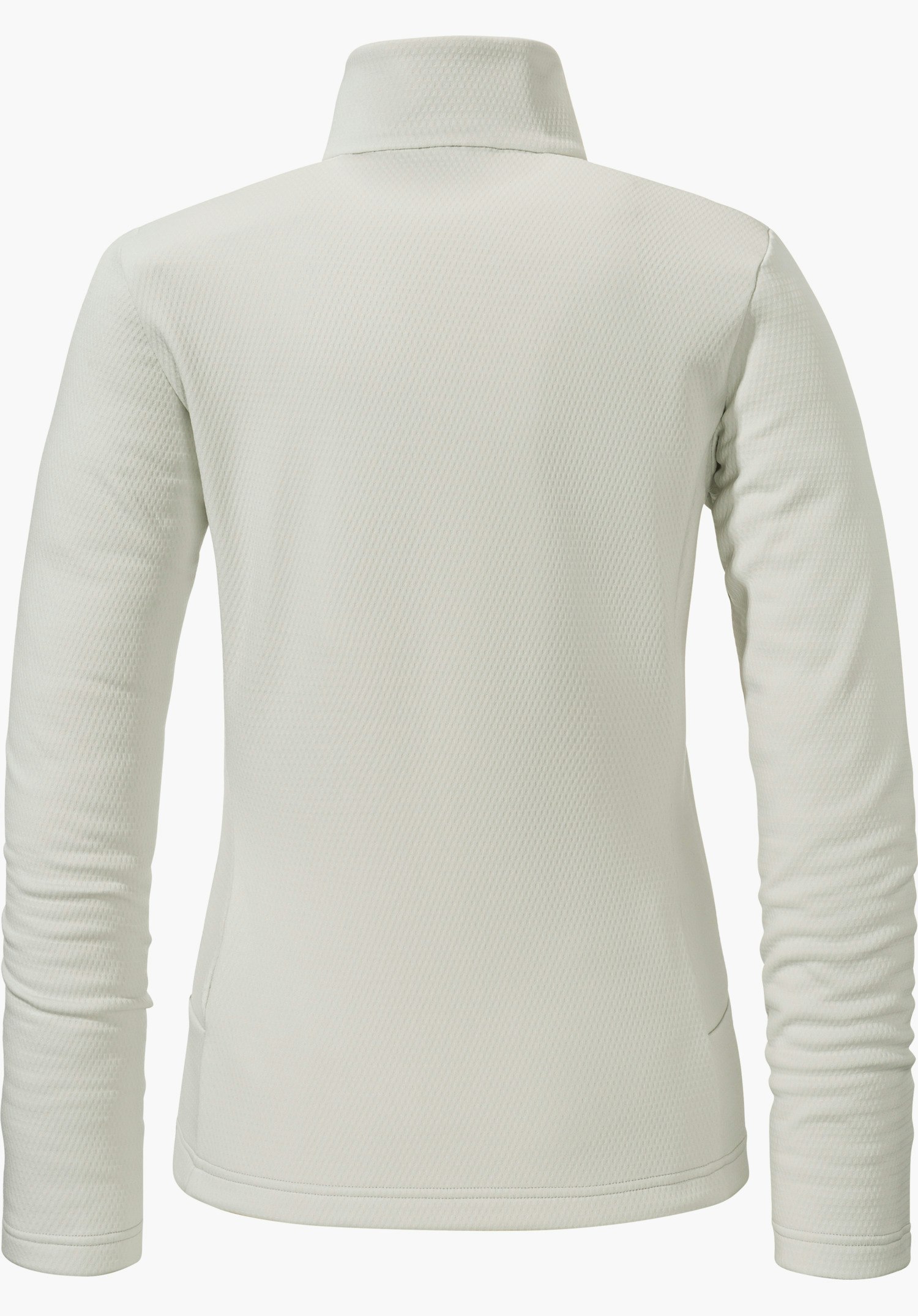 Fleece Jk Style Pine WMS Veste polaire blanche, vue de dos; à plat, col montant haut et légère cintrure, fine structure en losanges, fond blanc.