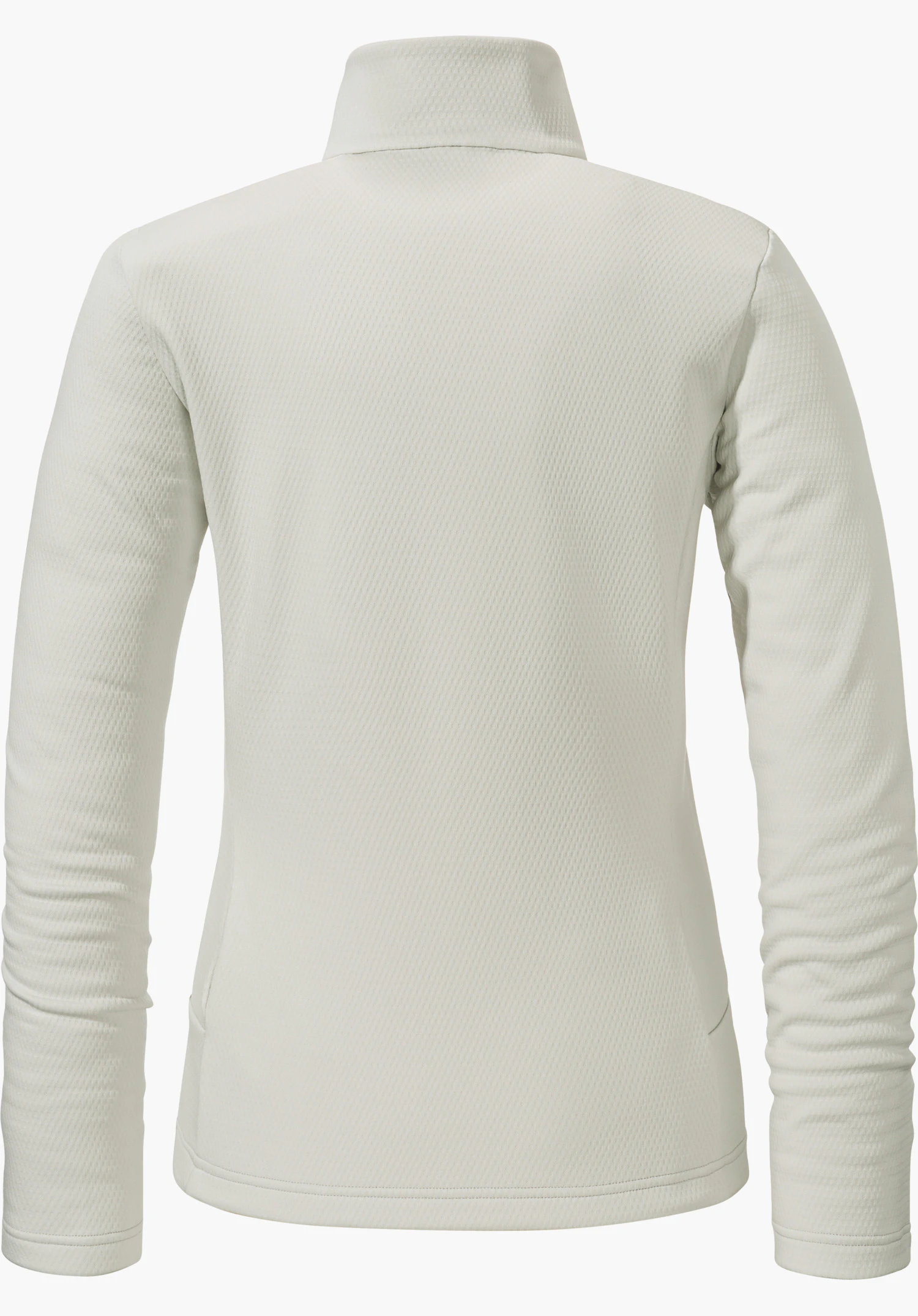 Fleece Jk Style Pine WMS Veste polaire blanche, vue de dos; à plat, col montant haut et légère cintrure, fine structure en losanges, fond blanc.