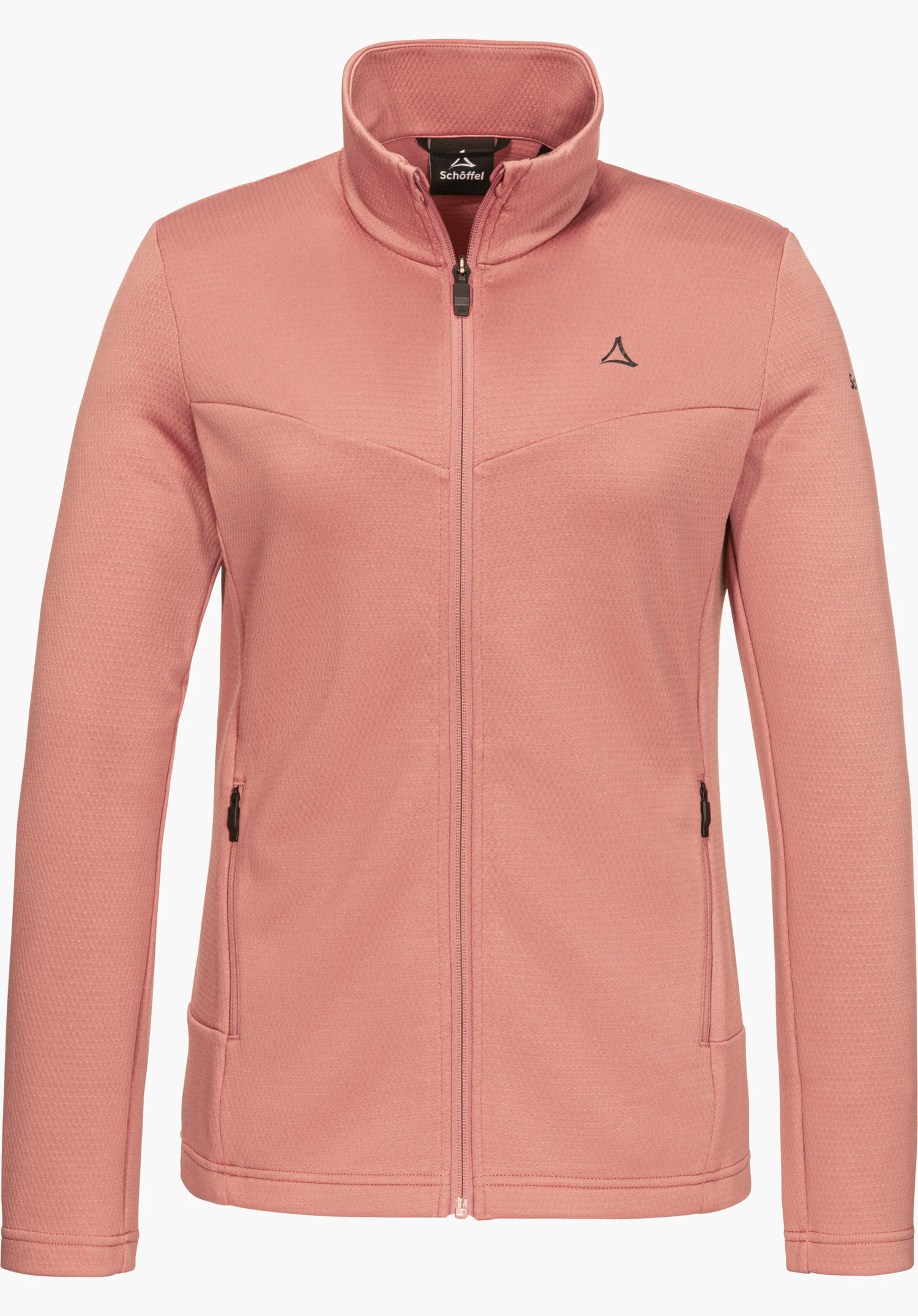 Fleece Jk Style Pine WMS fleece jacket in pink with front zipper, stand-up collar, side pockets and visible Schöffel logo, isolated on a white background.
