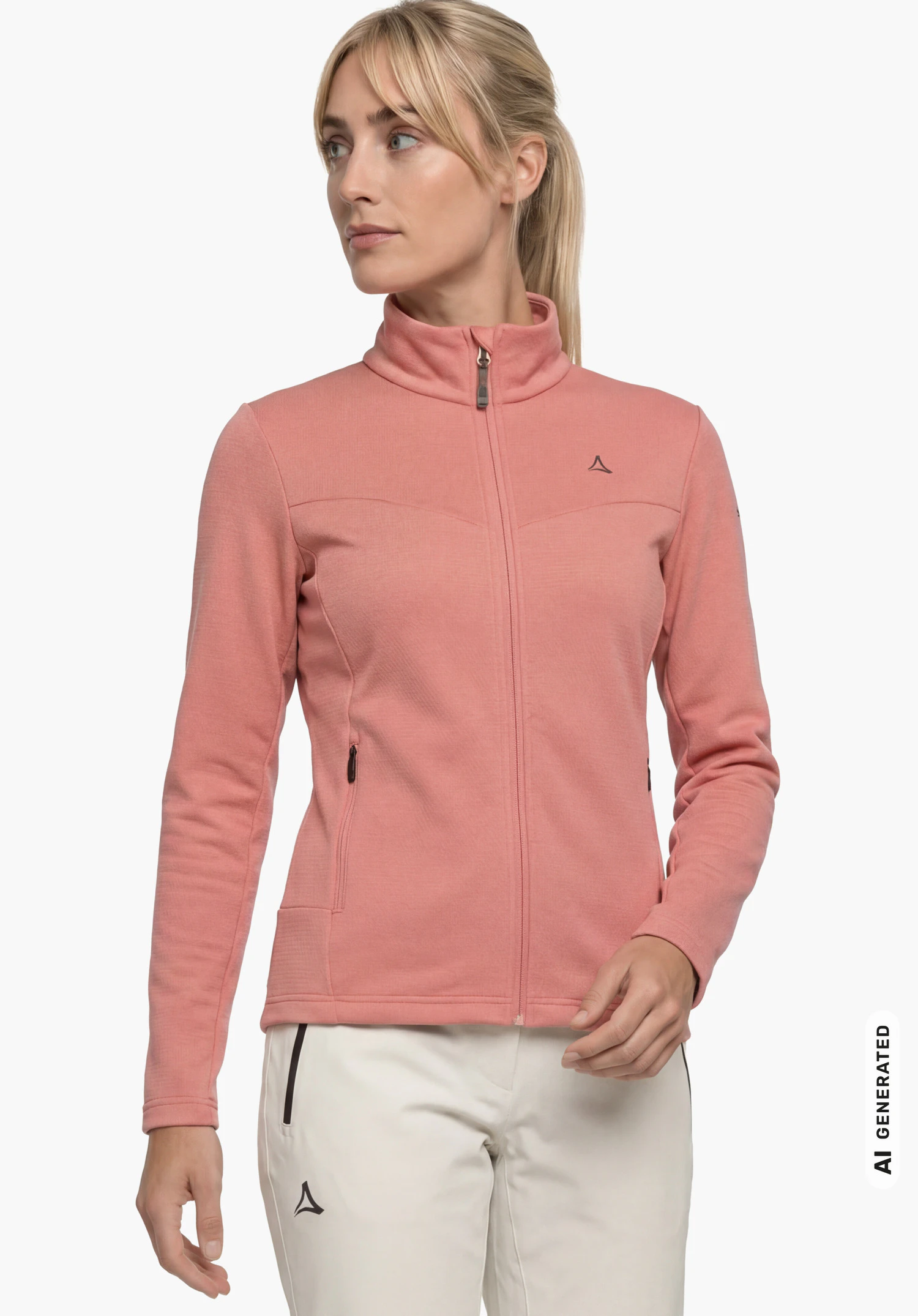 Fleece Jk Style Pine WMS in pink with Schöffel logo, worn by a female model standing upright with arms hanging at her sides and shown from the front against a white background. (AI-generated)