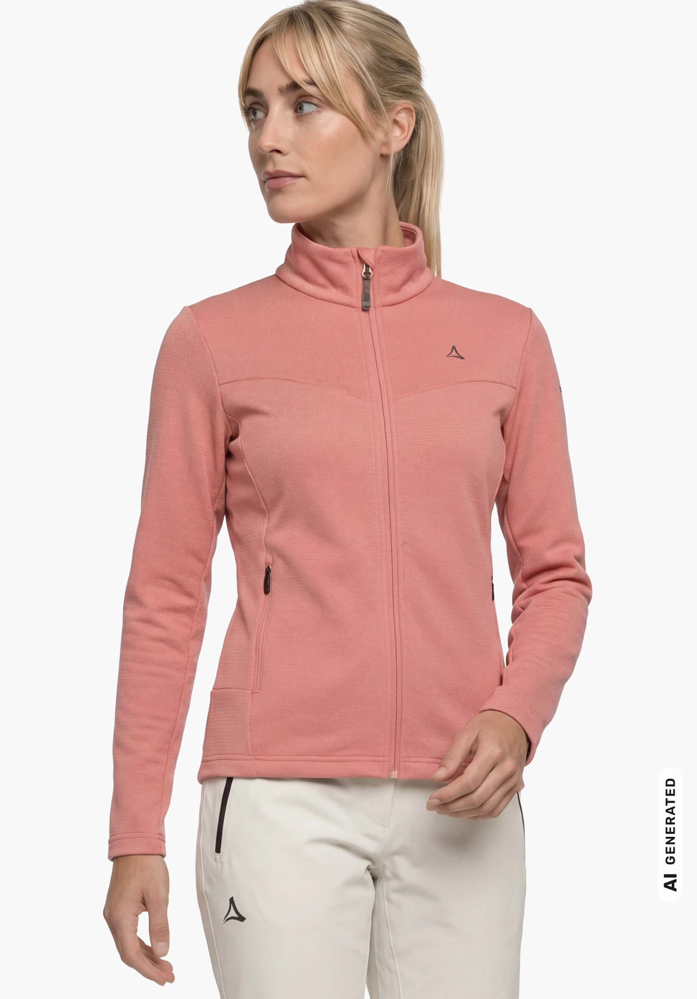 Fleece Jk Style Pine WMS en rose avec logo Schöffel, porté par un modèle féminin debout, vu de face avec les bras le long du corps sur fond blanc. (Généré par IA)