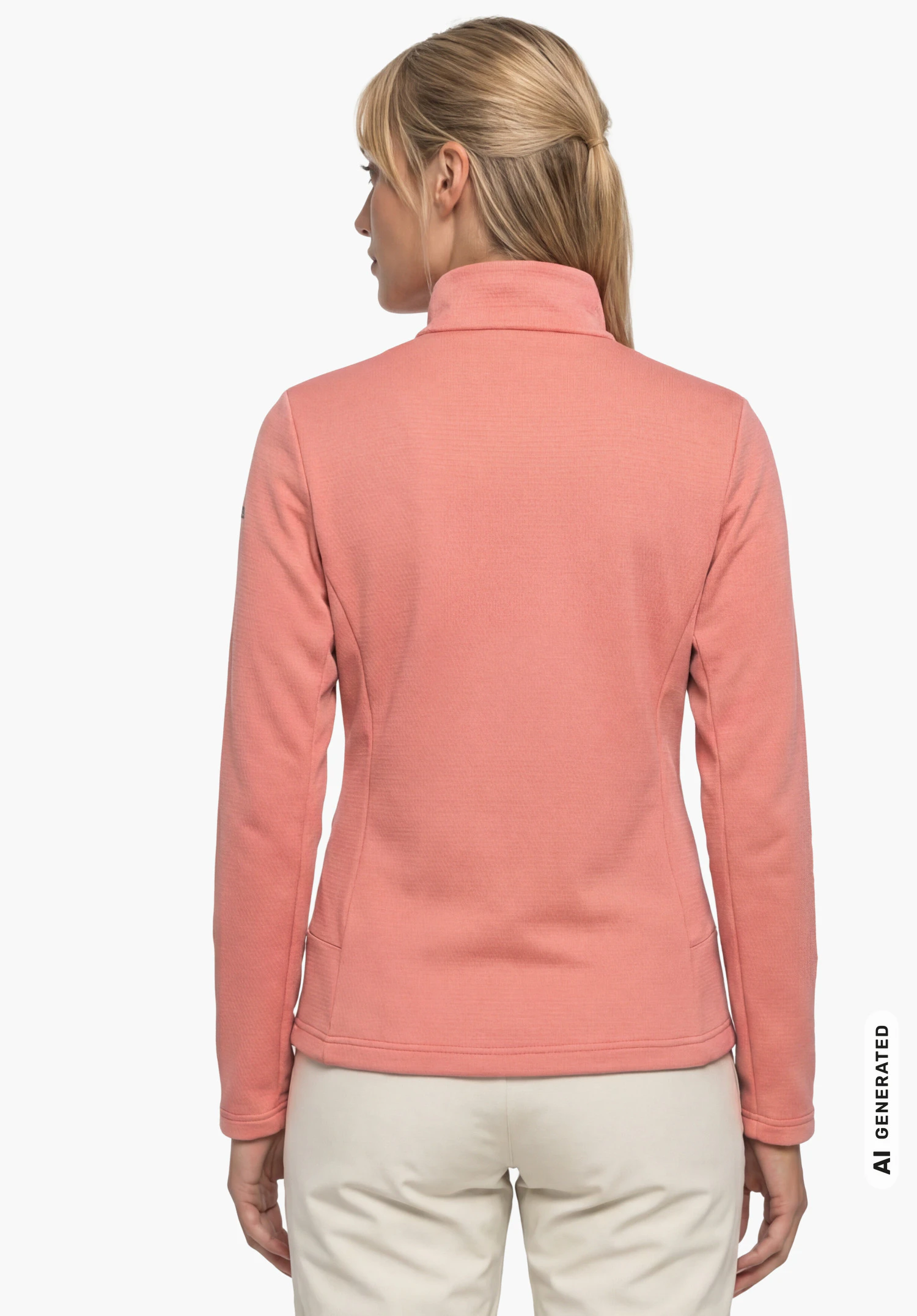 Fleece Jk Style Pine WMS en rose, porté par un modèle féminin debout et vu de dos avec les bras le long du corps sur fond blanc. (Généré par IA)