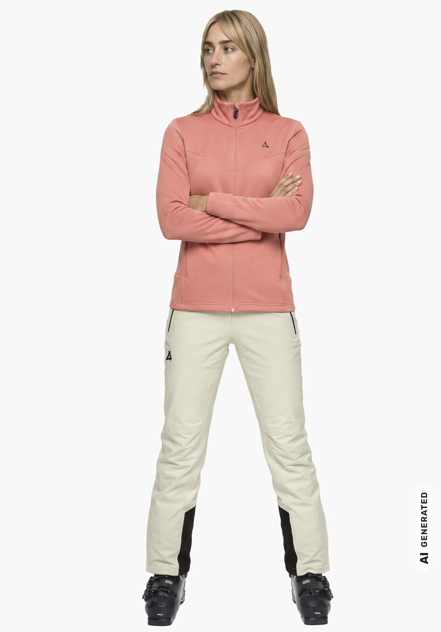 Fleece Jk Style Pine WMS en rose avec un logo Schöffel discret, porté par un mannequin femme les bras croisés en vue semi-de profil sur fond blanc. (Généré par IA)