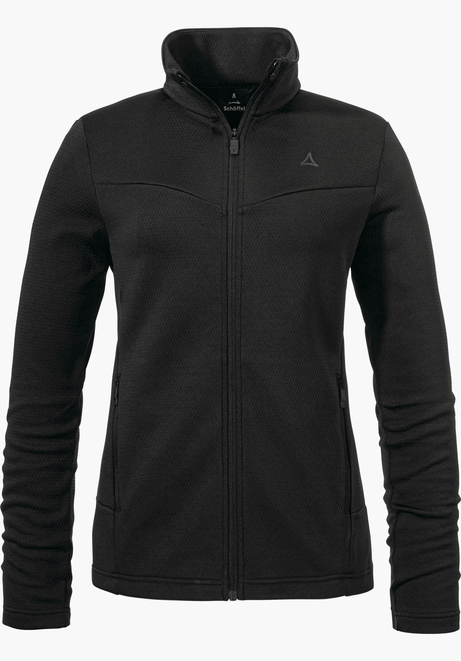 Fleece Jk Style Pine WMS veste polaire noire avec fermeture éclair fermée, col montant et poches latérales zippées; logo Schöffel sur la poitrine. Détourée sur fond blanc. Inscription: « Schöffel ».