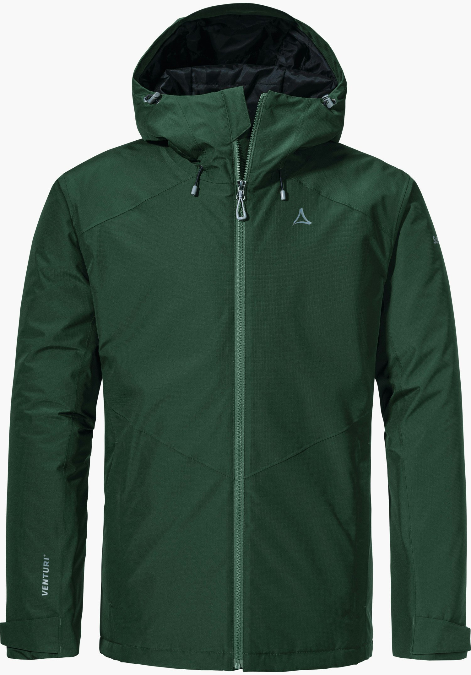 Ins Jacket Style Wildkar MNS dark green insulated jacket with hood and closed zip, front view; Schöffel logo on the chest, white “VENTURI®” lettering on the left sleeve; neutral light background.