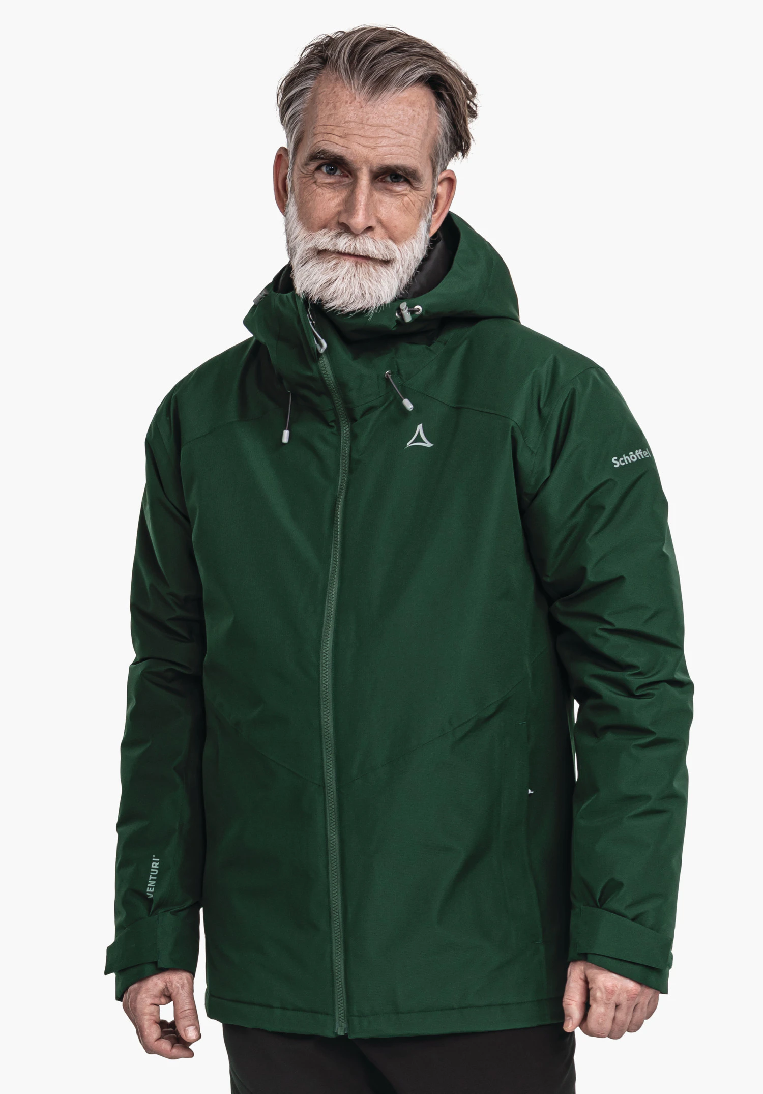 Ins Jacket Style Wildkar MNS Dark green jacket worn by an older man; Schöffel logo on the chest; sleeve print: “Schöffel” and “VENTURI”; man against a white background.
