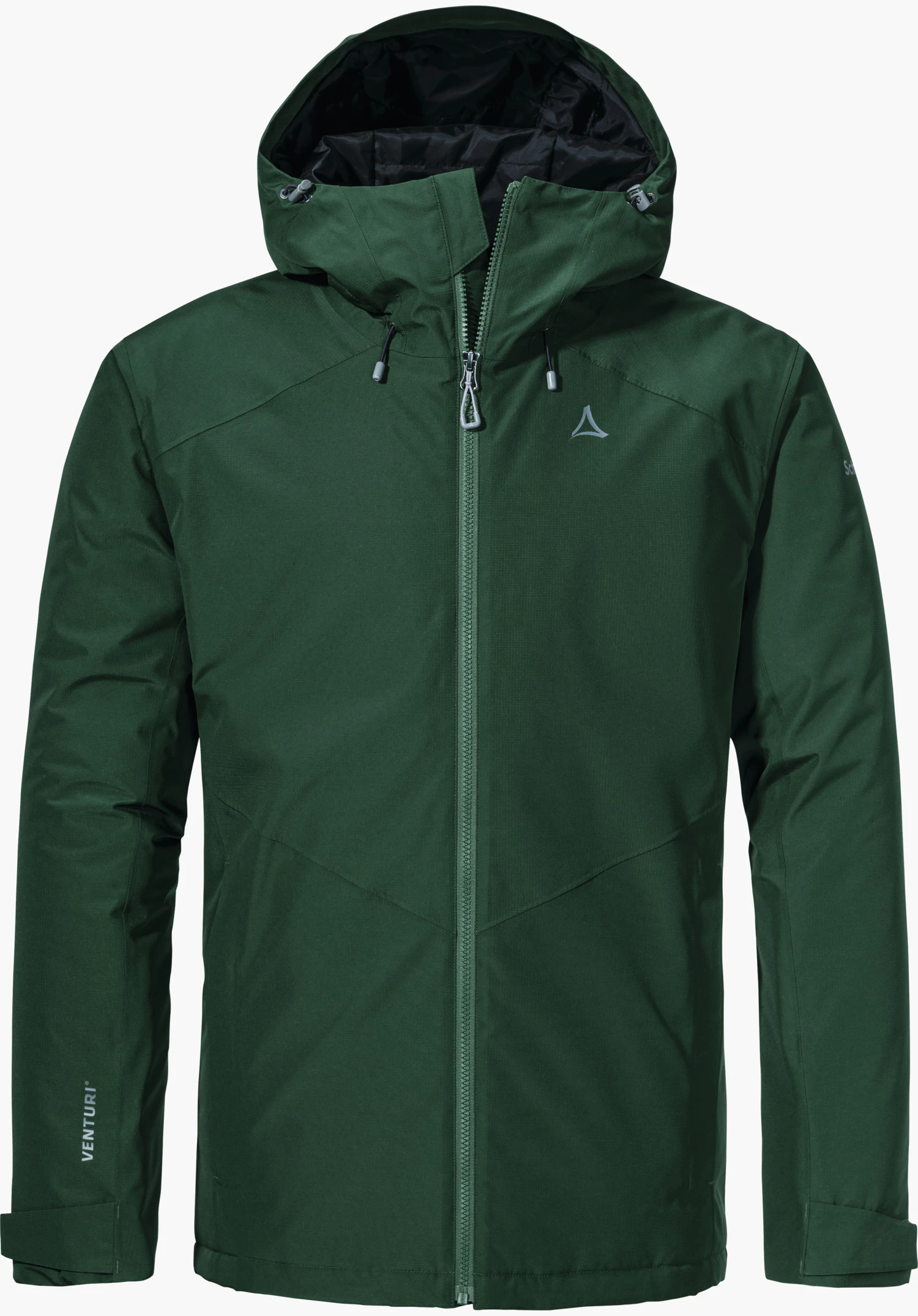Ins Jacket Style Wildkar MNS dark green insulated jacket with hood and closed zip, front view; Schöffel logo on the chest, white “VENTURI®” lettering on the left sleeve; neutral light background.