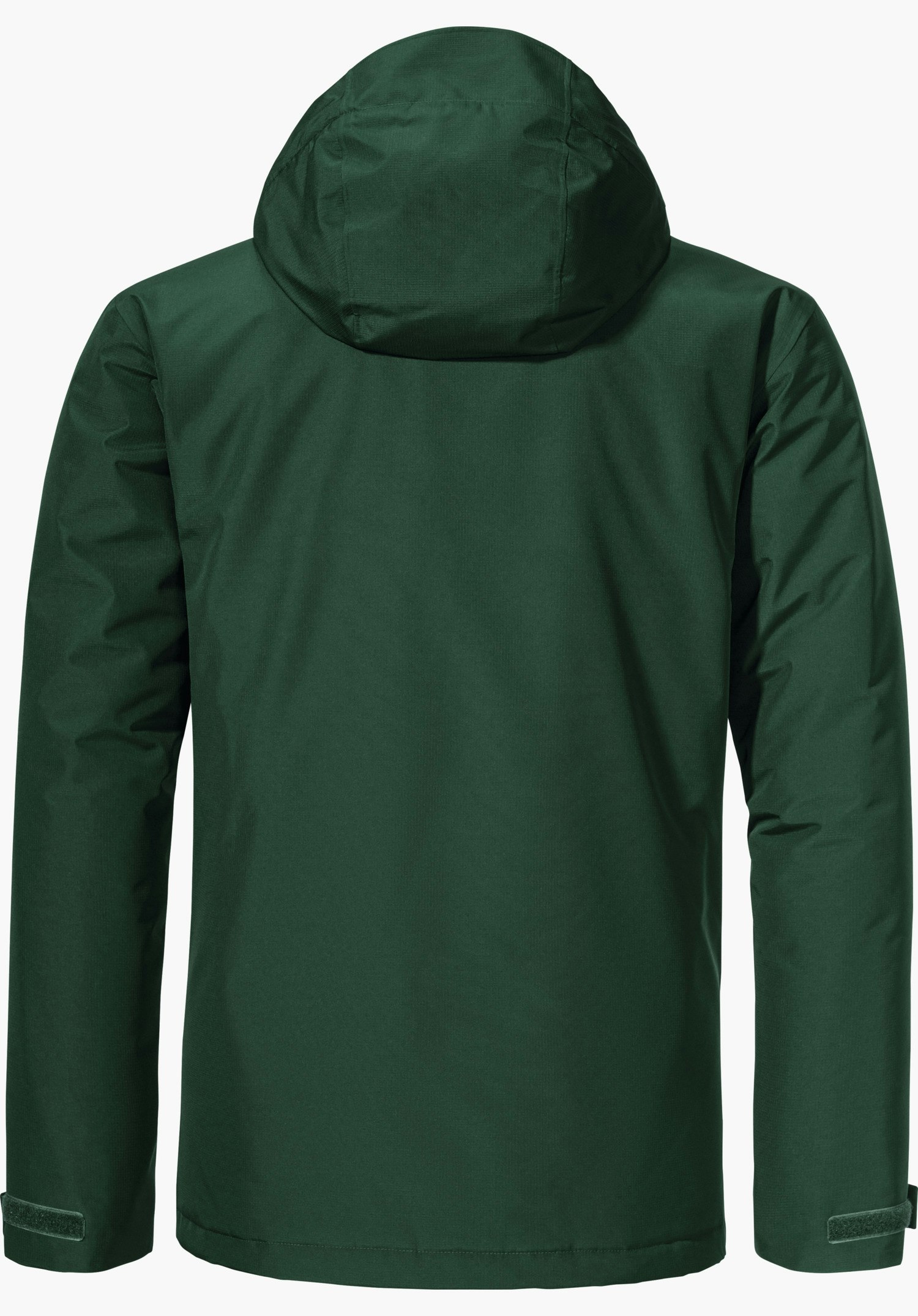 Ins Jacket Style Wildkar MNS dark green jacket, rear view; hood attached, sleeves with Velcro fastenings, smooth surface, straight cut, against a plain white background.