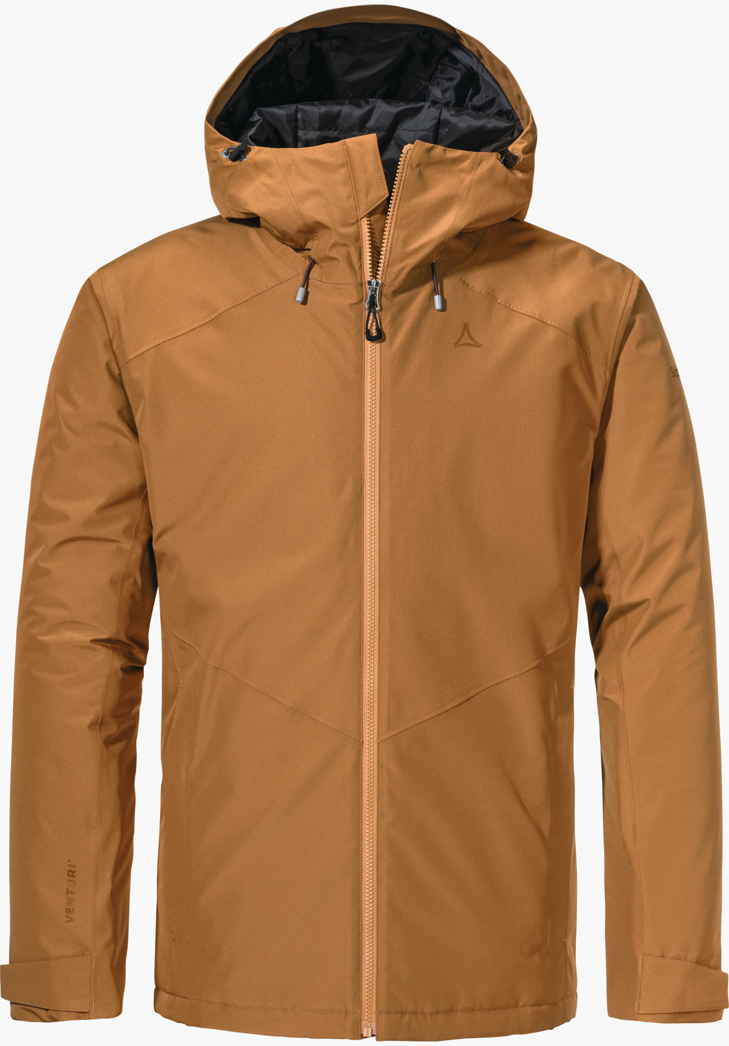 Ins Jacket Style Wildkar MNS Hellbraune Isolationsjacke mit Schöffel-Logo, geschlossen, Kapuze hochgestellt und schwarzem Innenfutter; frontal auf weißem Hintergrund. Schriftzug auf Ärmel: VENTURI®