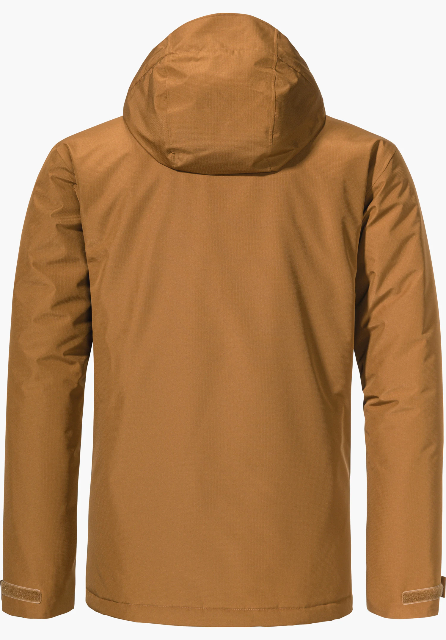 Ins Jacket Style Wildkar MNS Jacke, hellbraun, zeigt Rückseite mit aufgesetzter Kapuze; lange Ärmel, Klettverschlüsse an den Bündchen, glatte Oberfläche, freigestellt auf weißem Hintergrund.