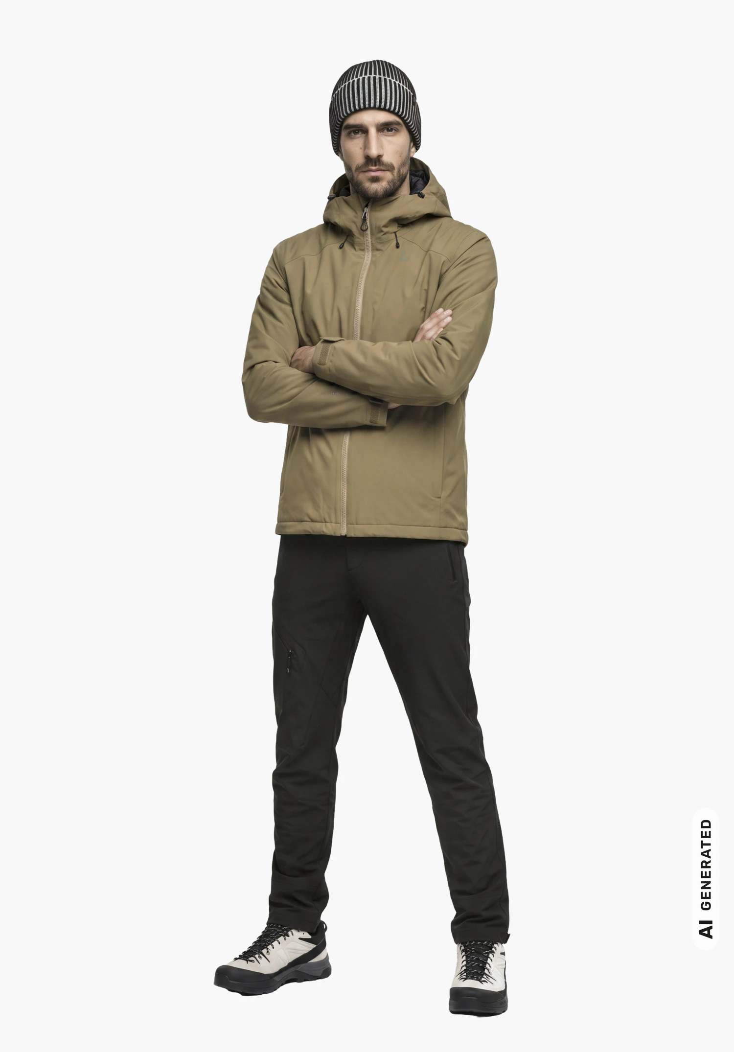 Ins Jacket Style Wildkar MNS in green, with visible Schöffel logo, worn by a male model standing upright with crossed arms in a front view against a white background. (AI-generated)