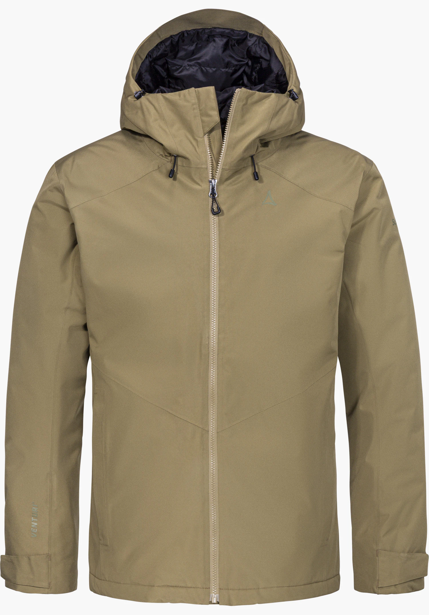 Ins Jacket Style Wildkar MNS in green with a hood, full-length zipper and visible Schöffel logo, isolated on a white background.