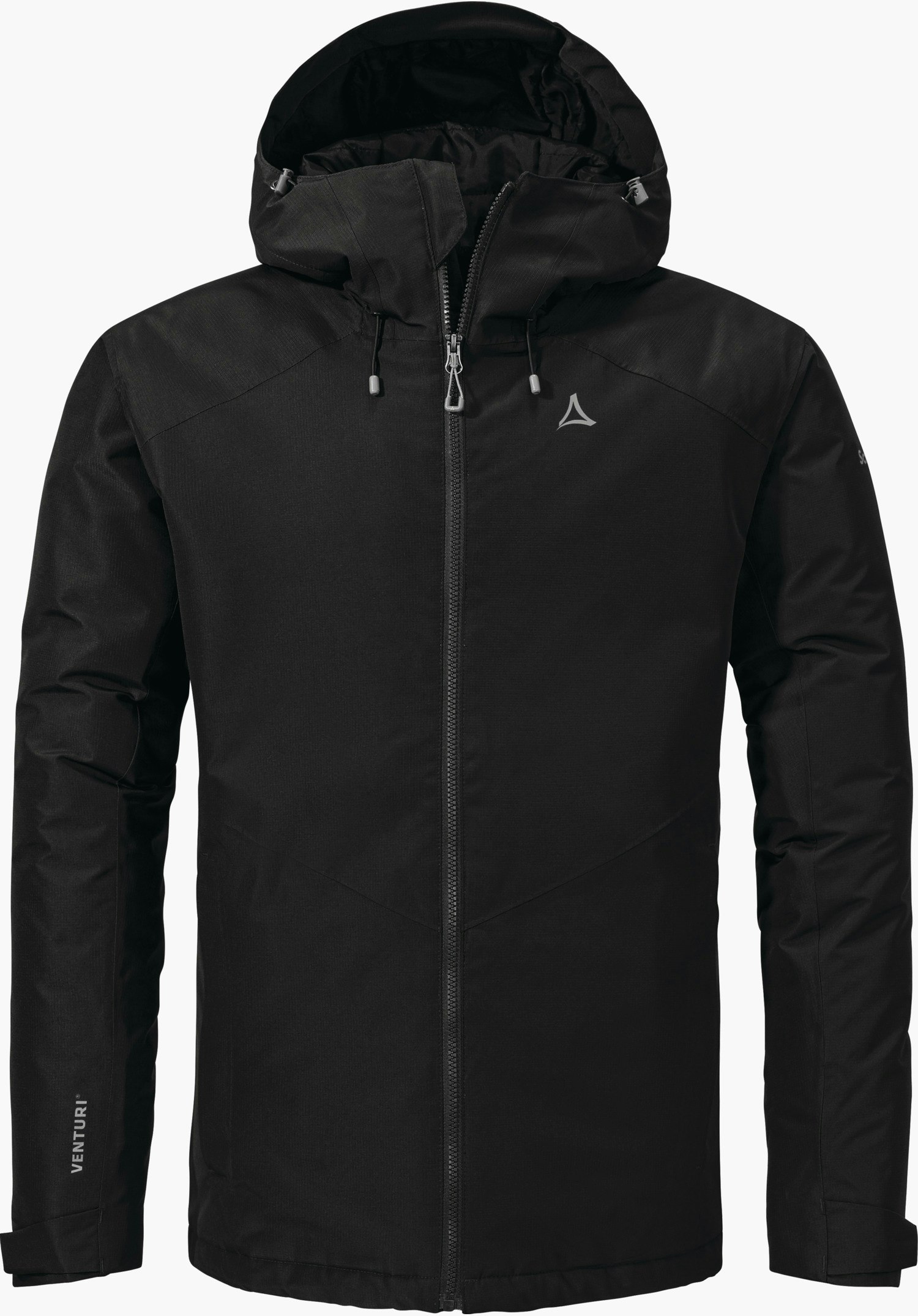 Ins Jacket Style Wildkar MNS schwarze Isolationsjacke mit Kapuze, vorn geschlossenem Reißverschluss, Schöffel-Logo auf der Brust; linke Ärmelinschrift: "VENTURI®". Auf weißem Hintergrund.