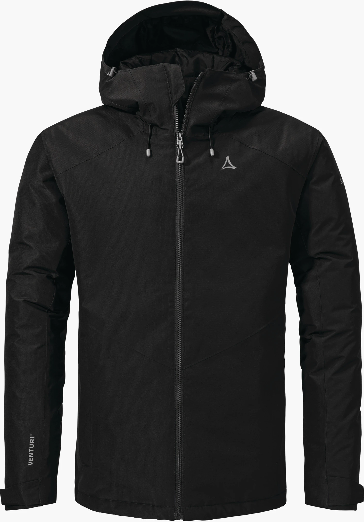 Ins Jacket Style Wildkar MNS schwarze Isolationsjacke mit Kapuze, vorn geschlossenem Reißverschluss, Schöffel-Logo auf der Brust; linke Ärmelinschrift: "VENTURIÂ®". Auf weißem Hintergrund.