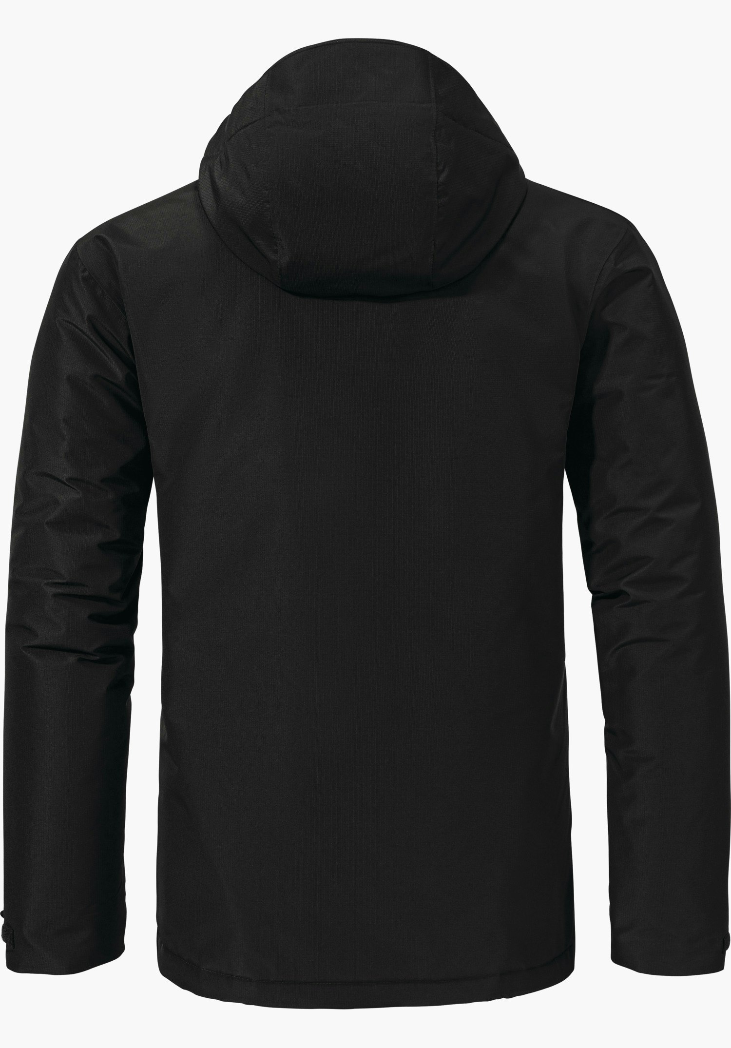 Ins Jacket Style Wildkar MNS schwarze Kapuzenjacke, von hinten präsentiert; die Jacke liegt glatt, Arme leicht angewinkelt, mit langen Ärmeln und geradem Saum; weißer neutraler Hintergrund.