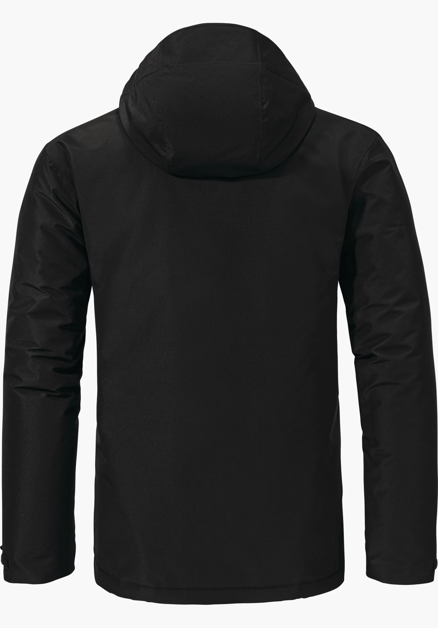 Ins Jacket Style Wildkar MNS schwarze Kapuzenjacke, von hinten präsentiert; die Jacke liegt glatt, Arme leicht angewinkelt, mit langen Ärmeln und geradem Saum; weißer neutraler Hintergrund.