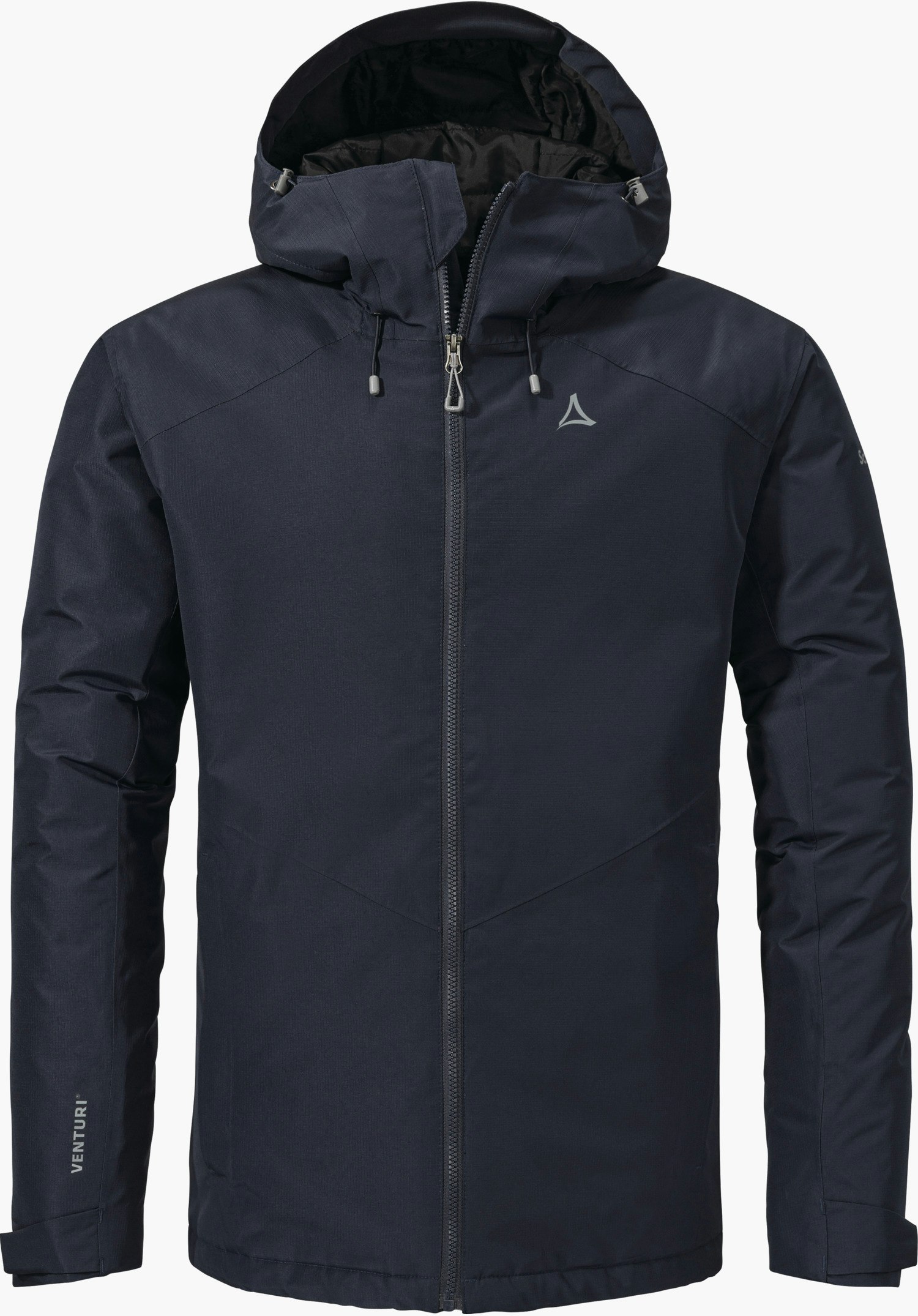 Ins Jacket Style Wildkar MNS Dunkelblaue Isolationsjacke, frontal abgebildet und geschlossen; Kapuze mit Kordelzug; Schöffel-Logo auf der Brust; Schriftzug: "VENTURI®" am linken Ärmel.